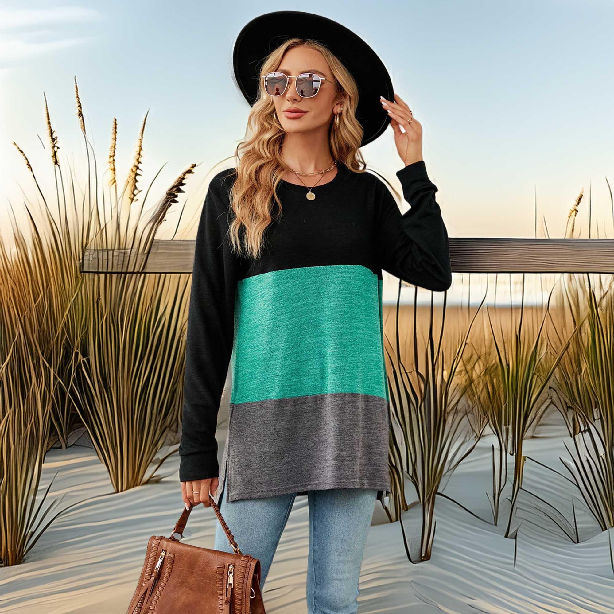 Block Pattern Round Neck Long Sleeve Slit T Shirt - Southern Shores Clothing