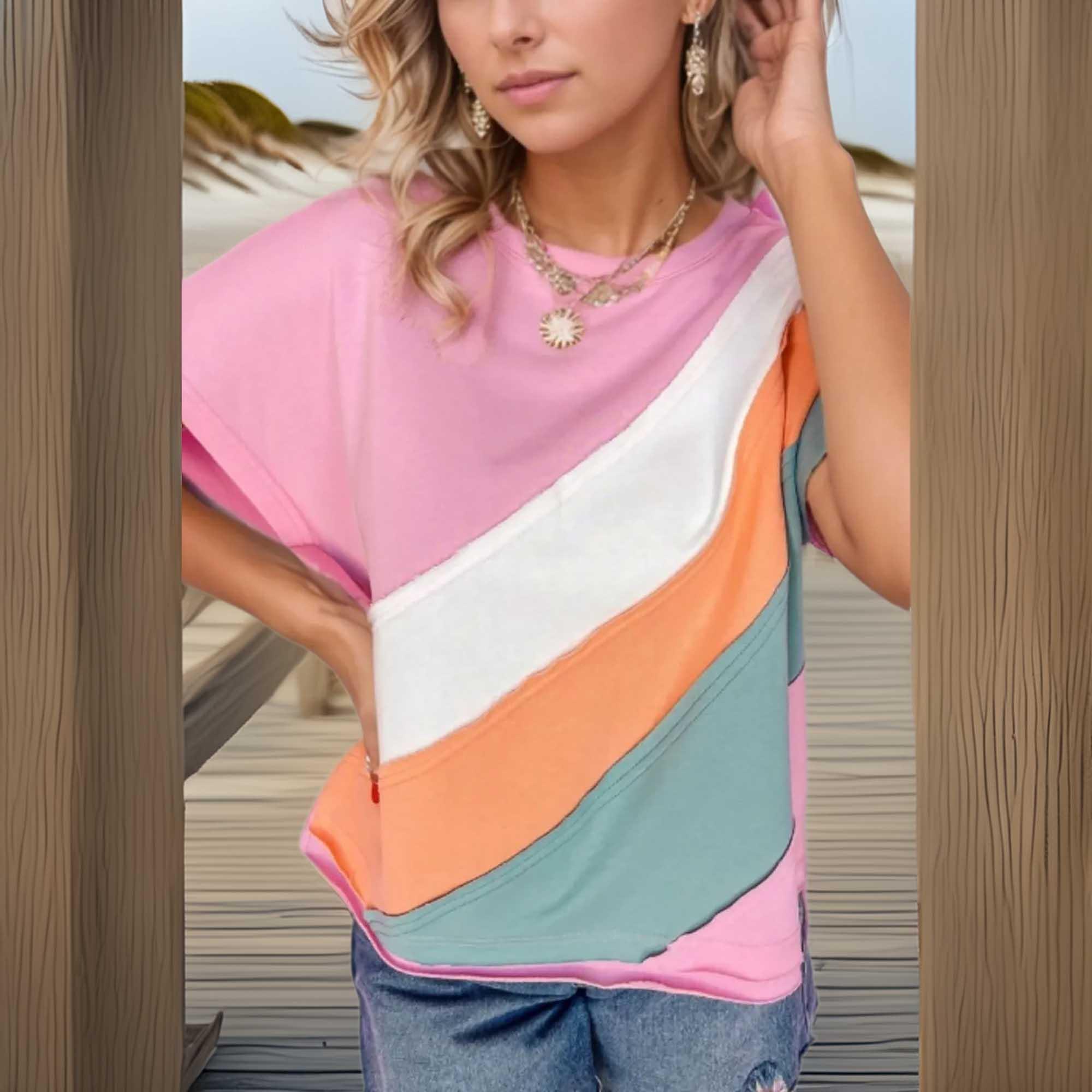 Color Block Round Neck Short Sleeve T Shirt - Southern Shores Clothing