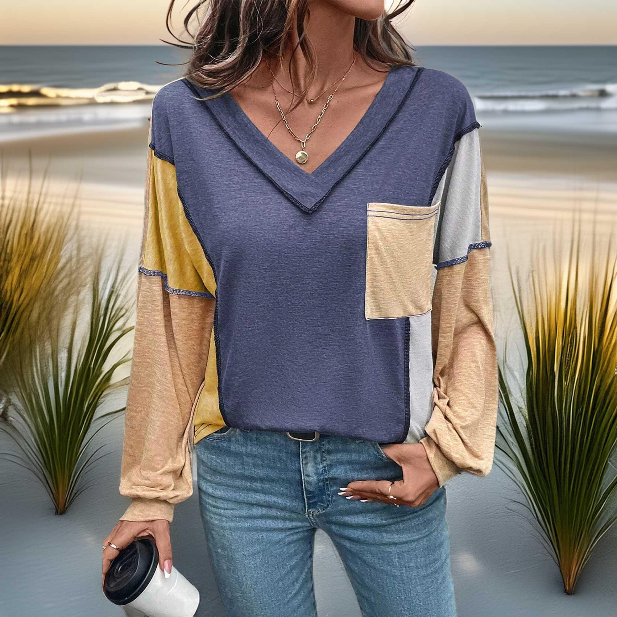 Color Block V Neck Long Sleeve T Shirt With Pocket - Southern Shores Clothing