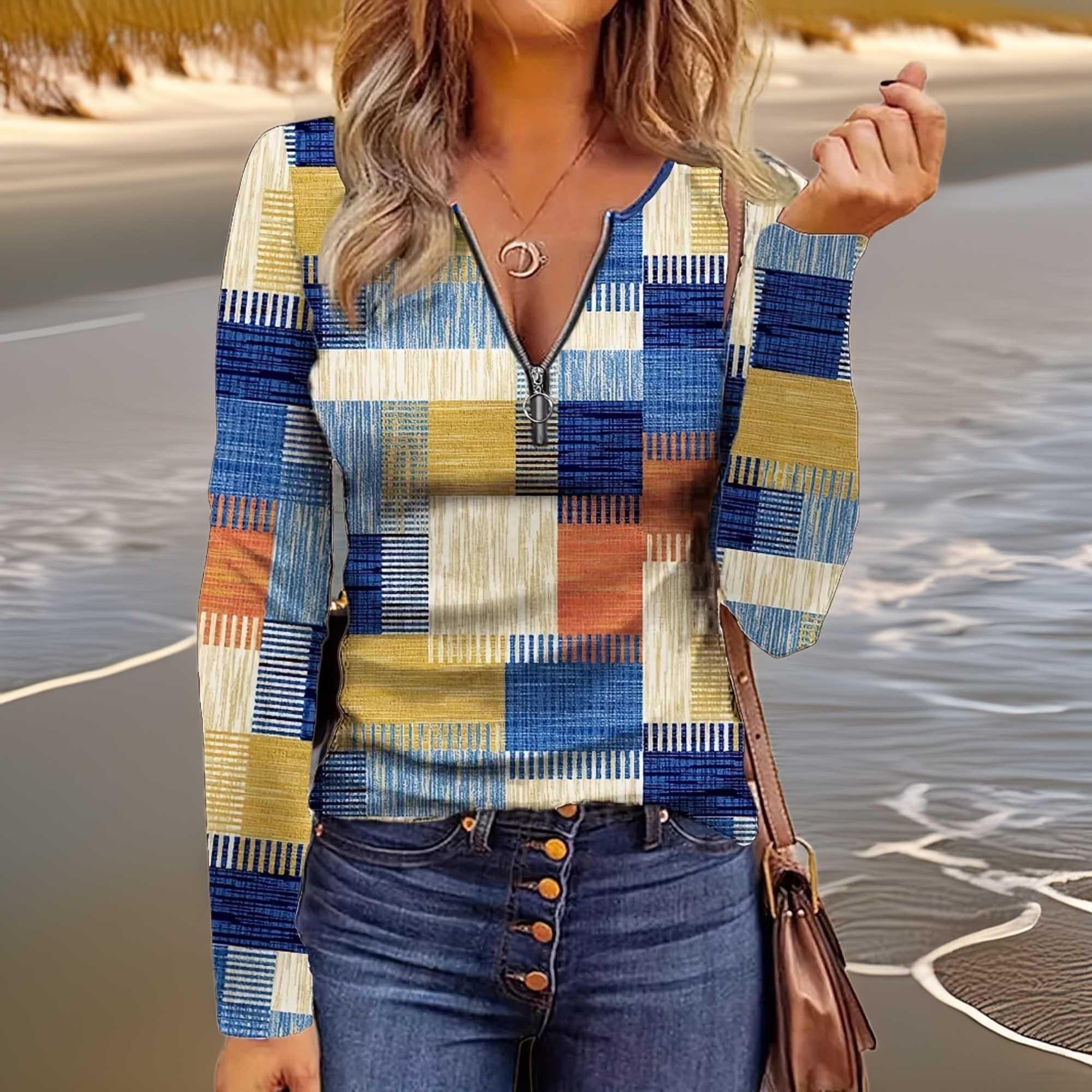 Block Zip Front Long Sleeve Top With Polyester Fabric - Southern Shores Clothing