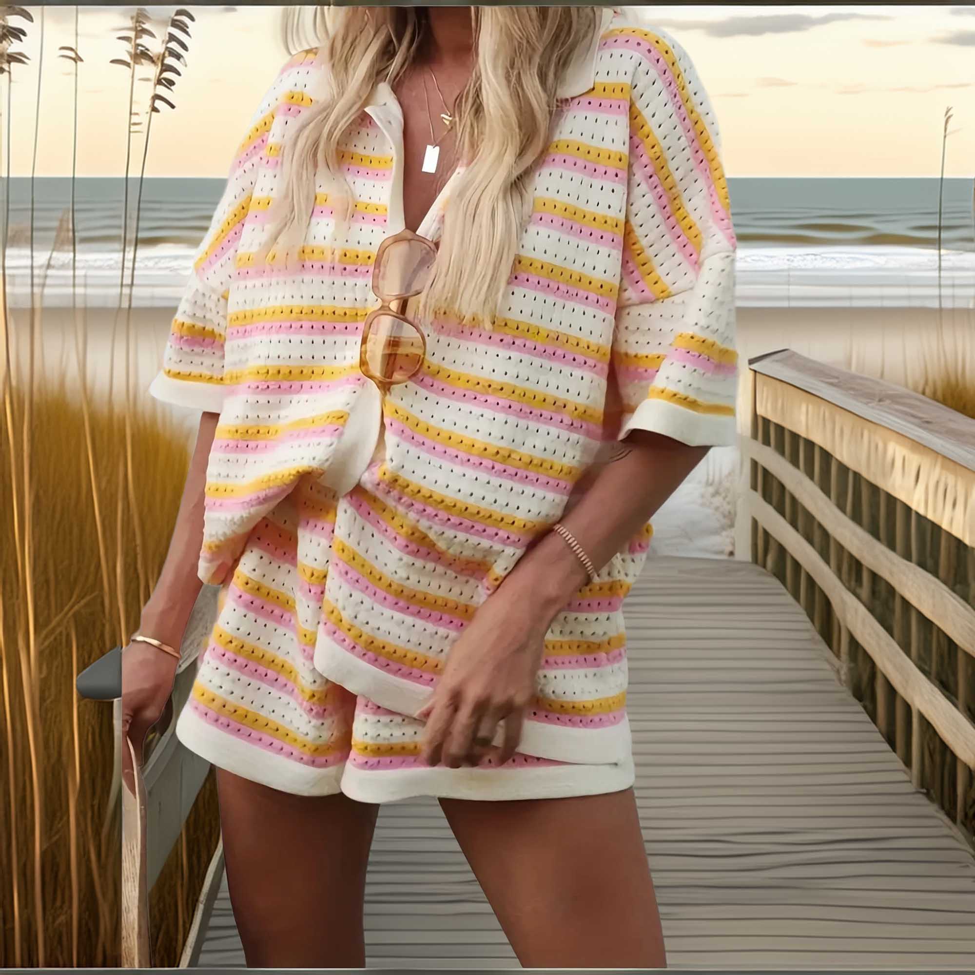 Southern Shores Colorful Striped Button Up Sweater Set with Shorts