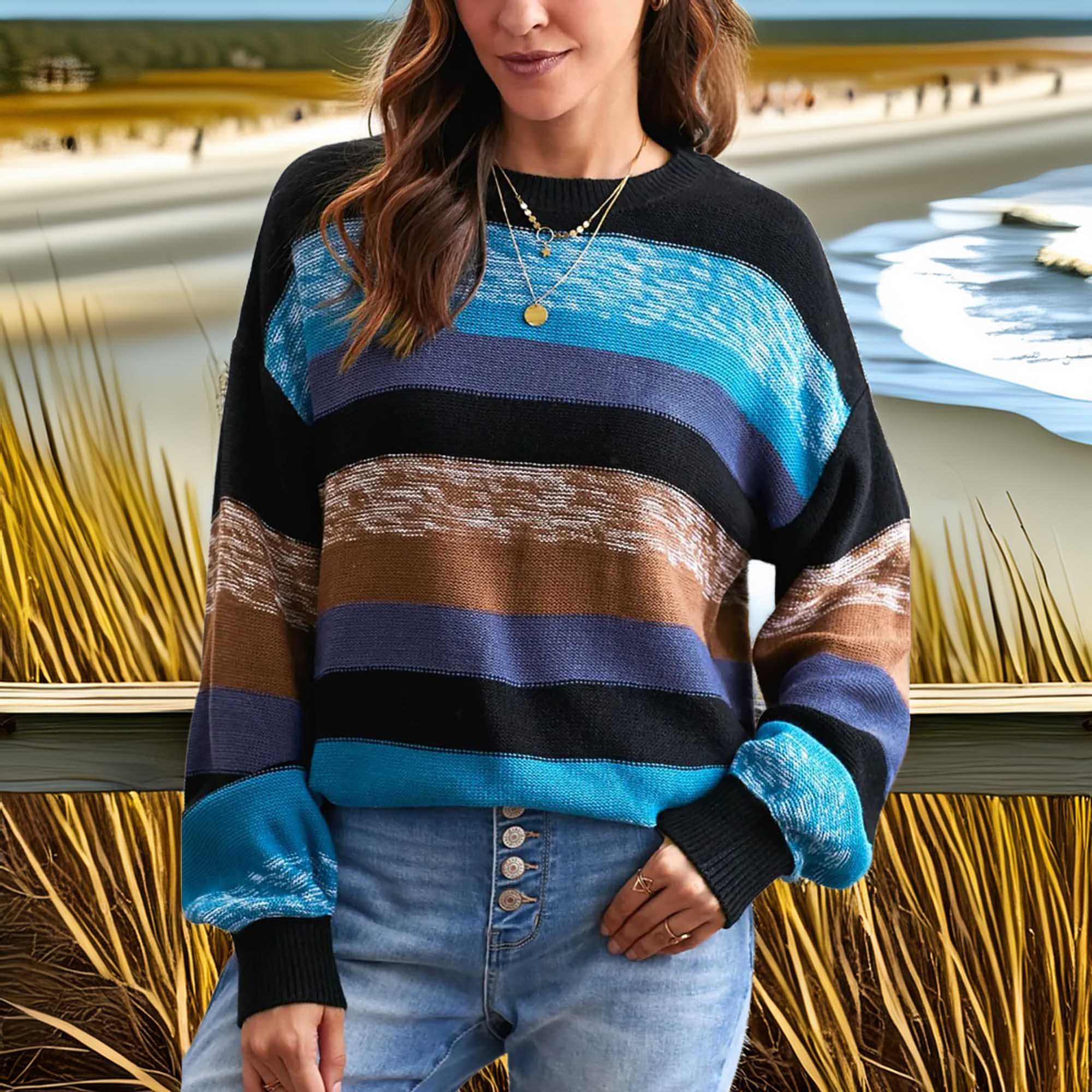 Southern Shores Women's Contrast Striped Drop Shoulder Sweater