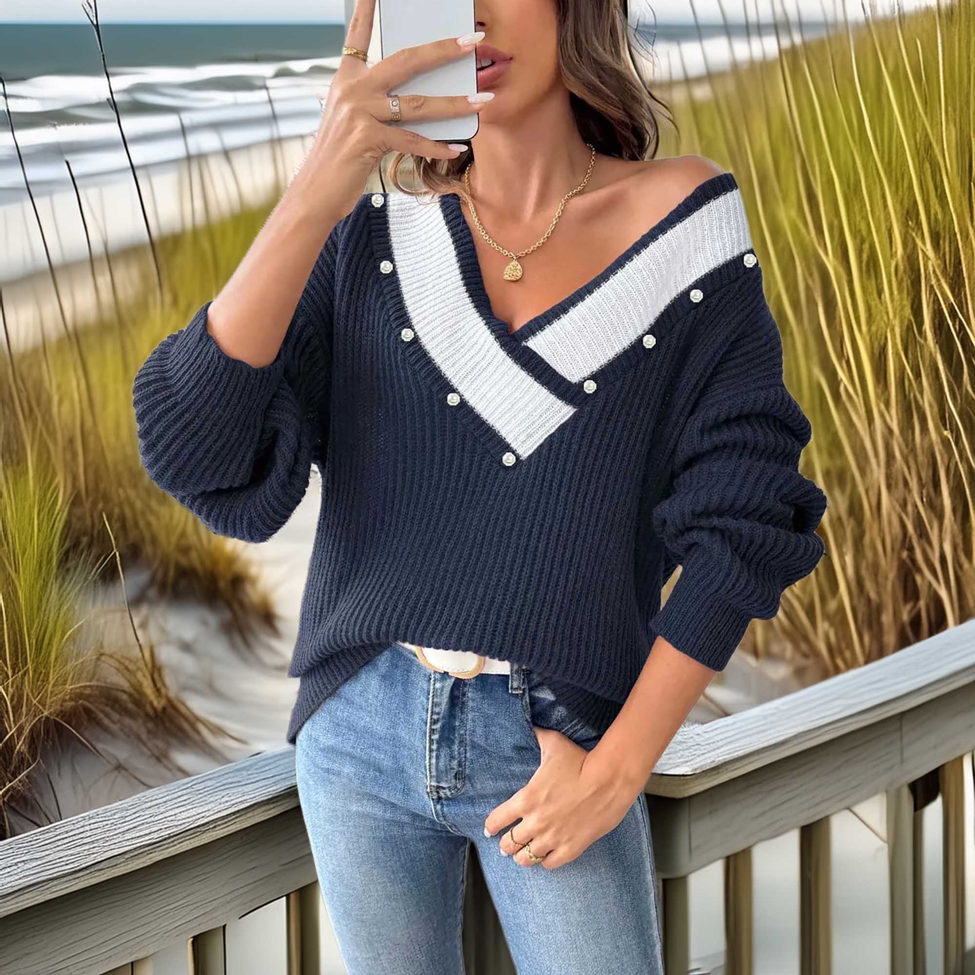 Southern Shores Contrast Trim Dropped Shoulder Long Sleeve Sweater