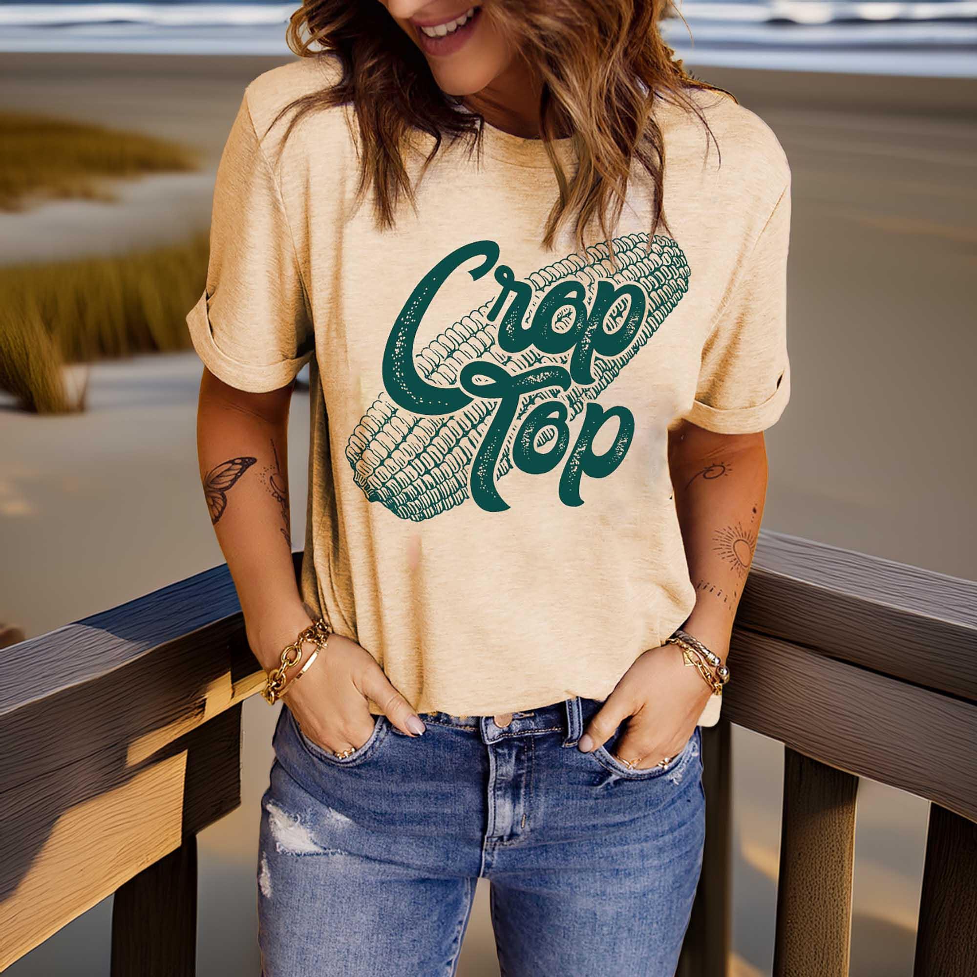 Corn Letter Graphic Cuffed Short Sleeve T Shirt - Southern Shores Clothing