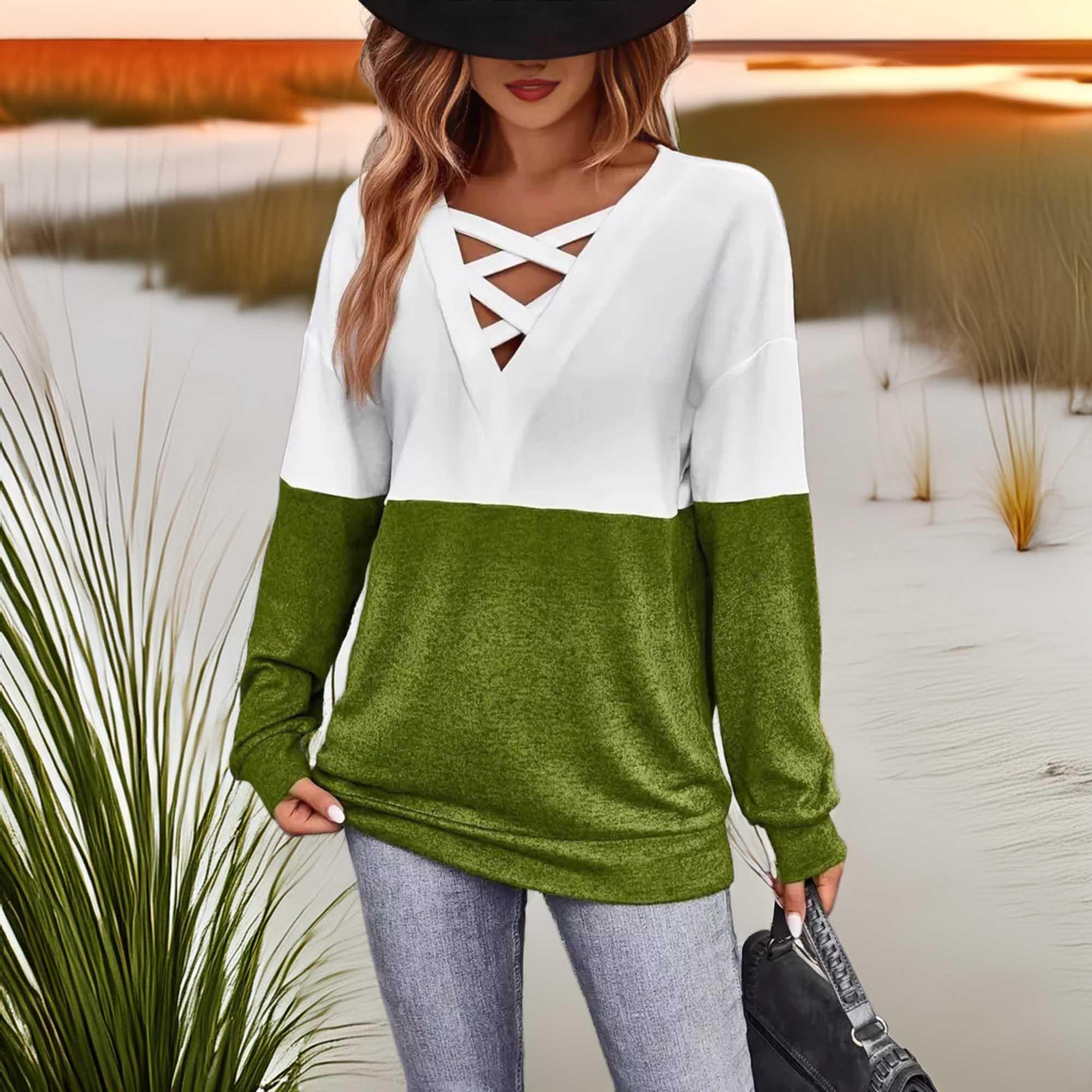 Crisscross V-Neck Block Long Sleeve Stretch T-Shirt - Southern Shores Clothing