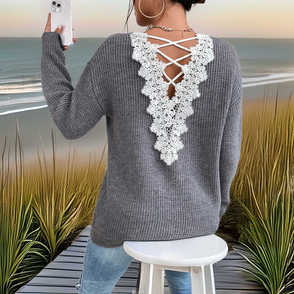 Southern Shores Crisscross V-Neck Lace Detail Sweater