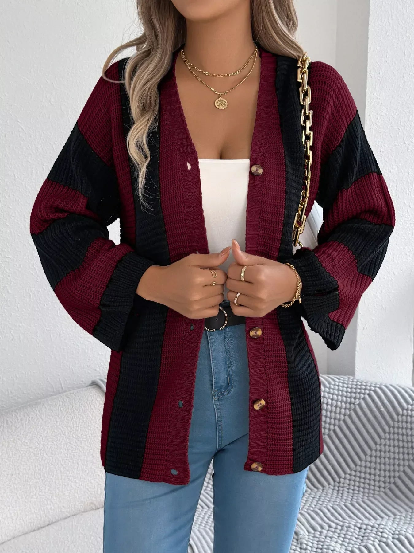 Block Pattern Button-Up Cardigan With Slight Stretch - Southern Shores Clothing