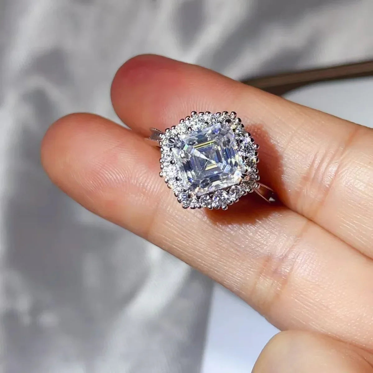 Cushion Cut Moissanite Ring 3 Carat Halo 925 Sterling Silver - Southern Shores Clothing
