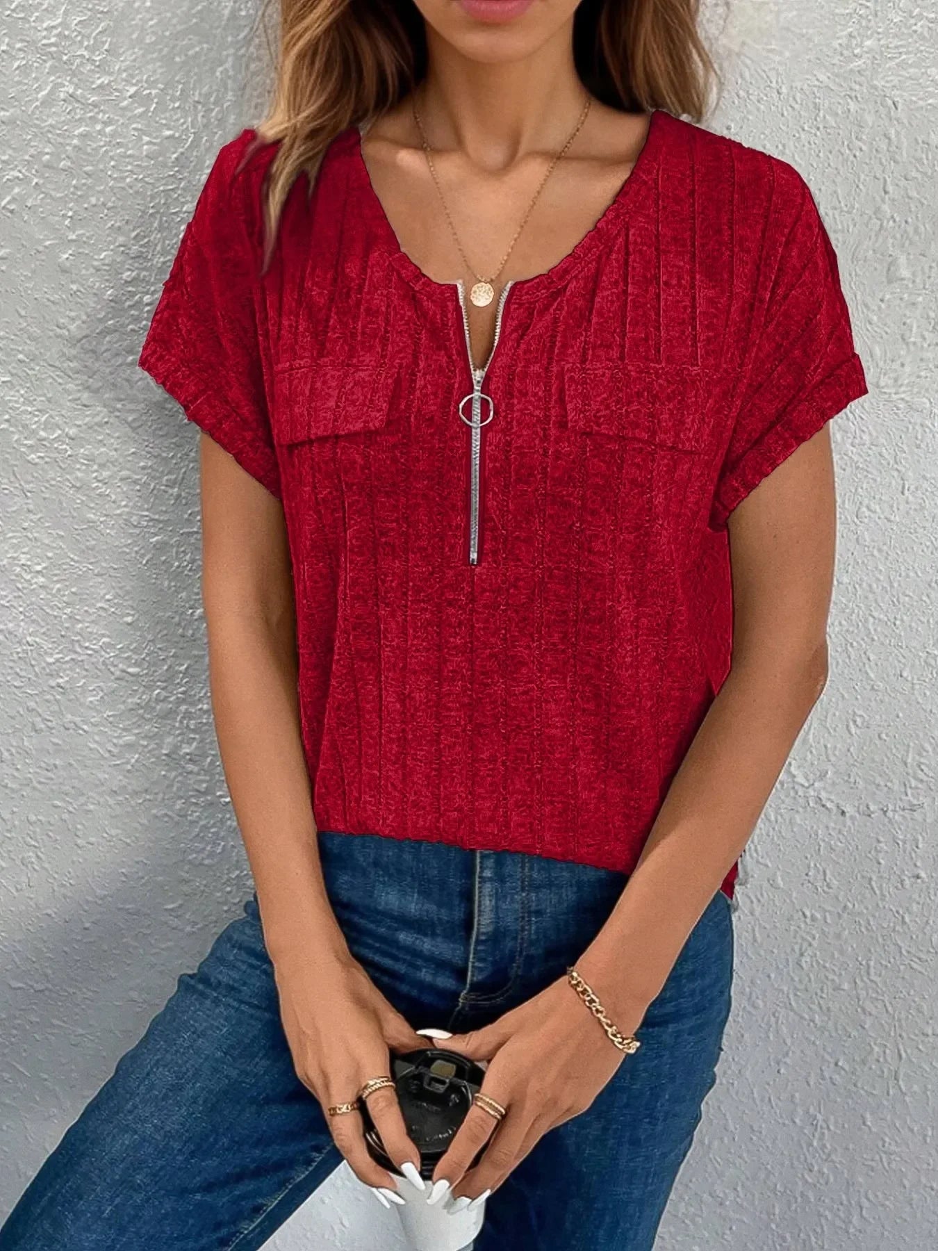Zip-Front Ribbed Short Sleeve T-Shirt Coastal Style - Southern Shores Clothing