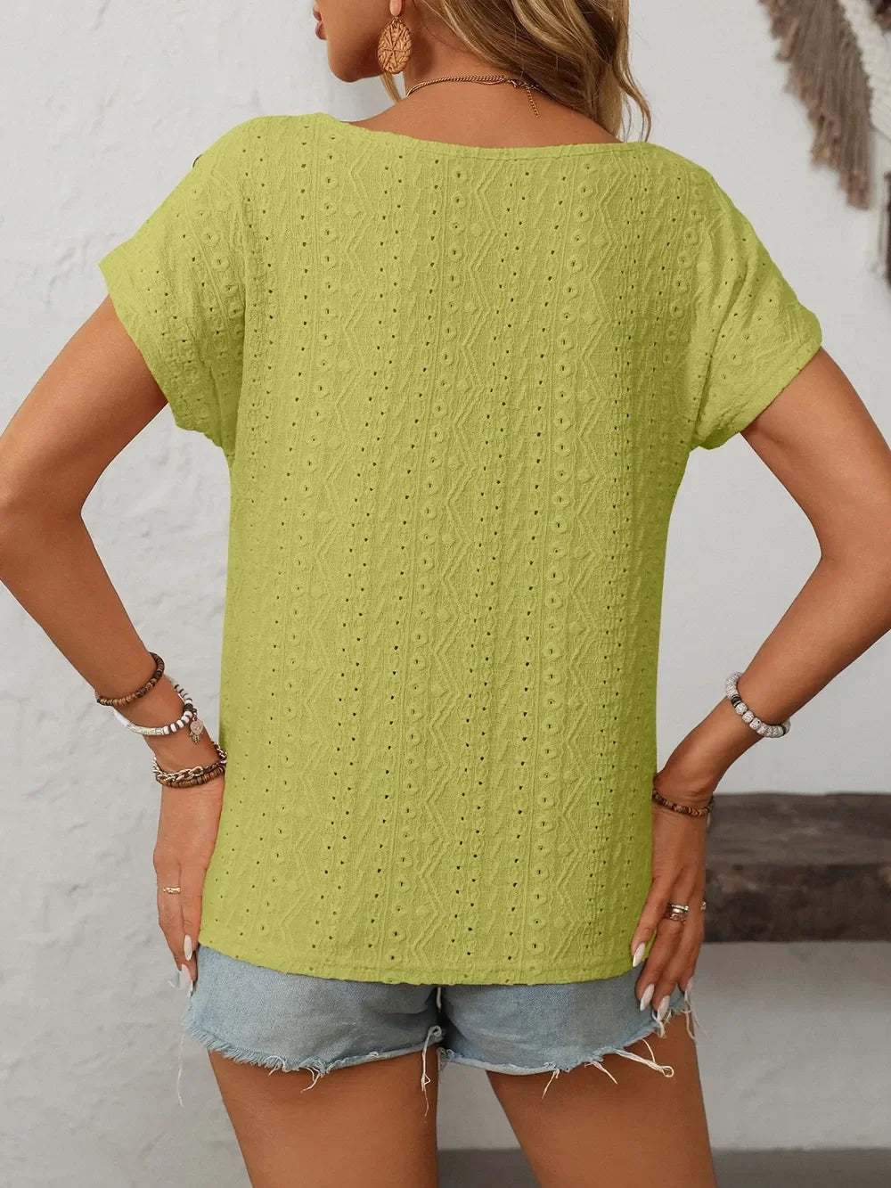 Eyelet Round Neck Short Sleeve Top With Decorative Button - Southern Shores Clothing
