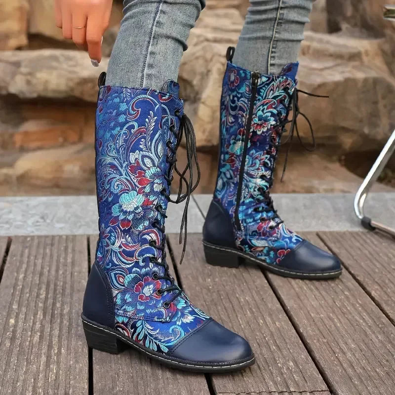 Embroidered Lace-Up Knee-High Boots With Mid Heel - Southern Shores Clothing