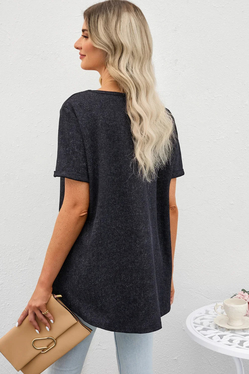 V-Neck Dropped Shoulder Tunic Top Polyester Blend - Southern Shores Clothing