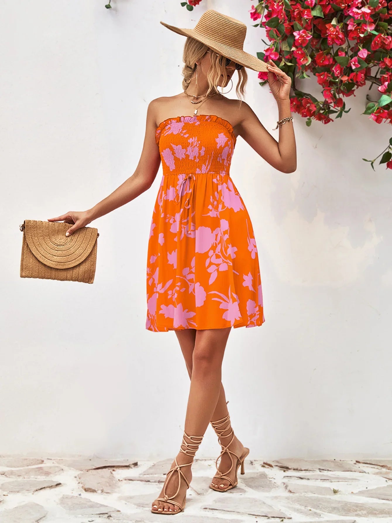 Floral Frill Trim Strapless Smocked Dress - Southern Shores Clothing