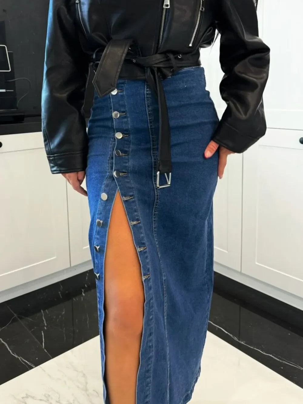 Midi Denim Skirt With Front Button Slit Style - Southern Shores Clothing