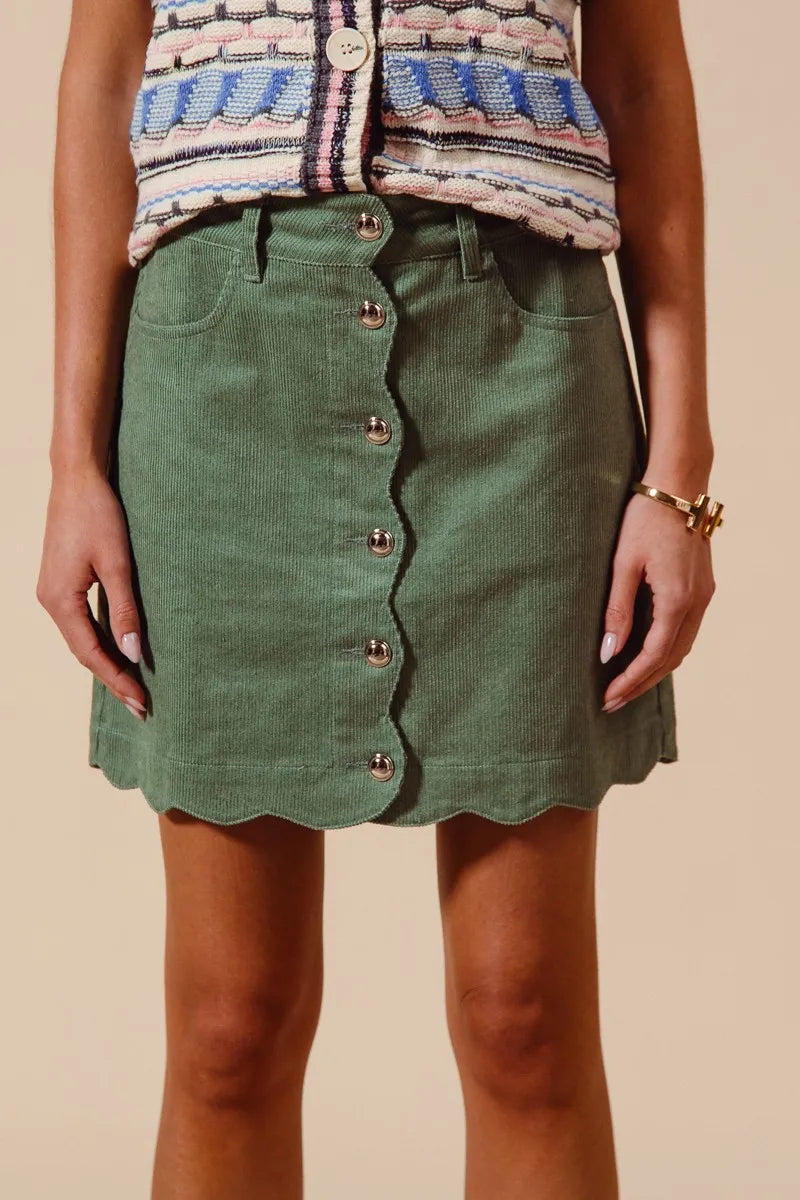 Beach SO ME Scallop Buttoned Front Corduroy Mini Skirt