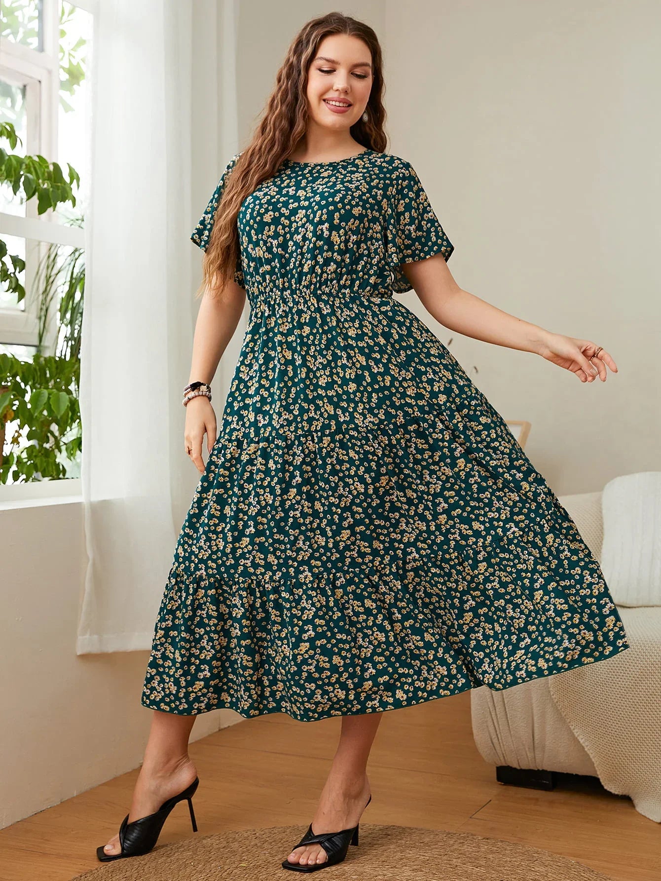 Honey Plus Size Floral Round Neck Short Sleeve Midi Dress - Southern Shores Clothing