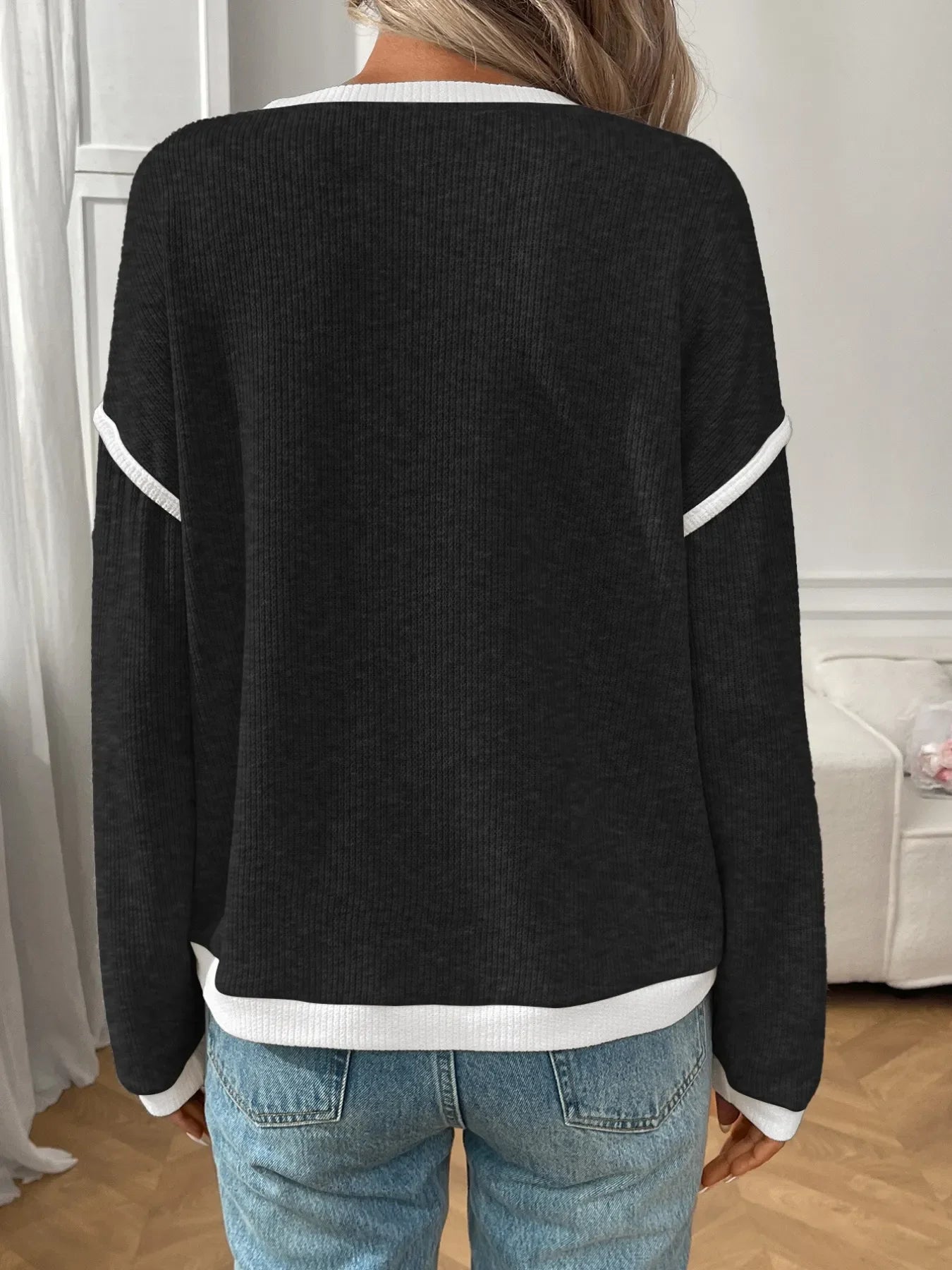 Ribbed Contrast Trim Long Sleeve Top - Southern Shores Clothing