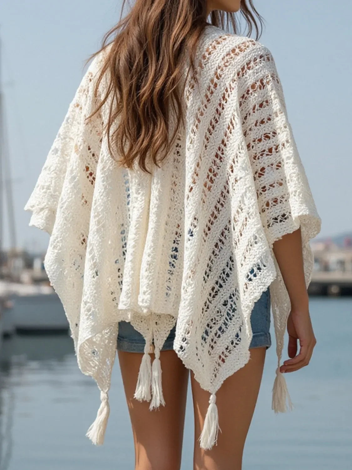 Openwork Tassel Open Front Knit Cover Up Kimono Lightweight - Southern Shores Clothing