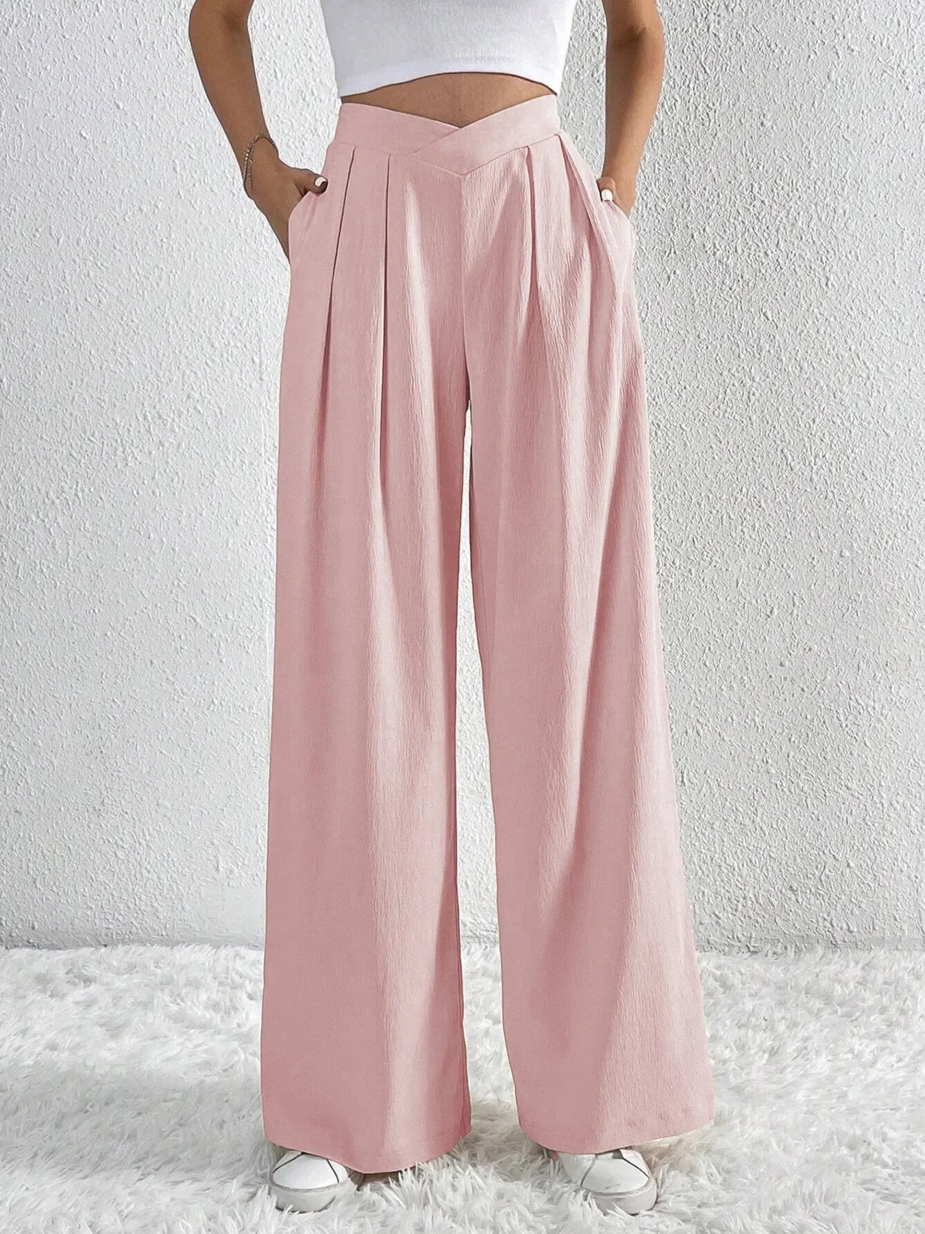 V-Waisted Ruched Front Flowing Wide Leg Pants Casual Wear - Southern Shores Clothing