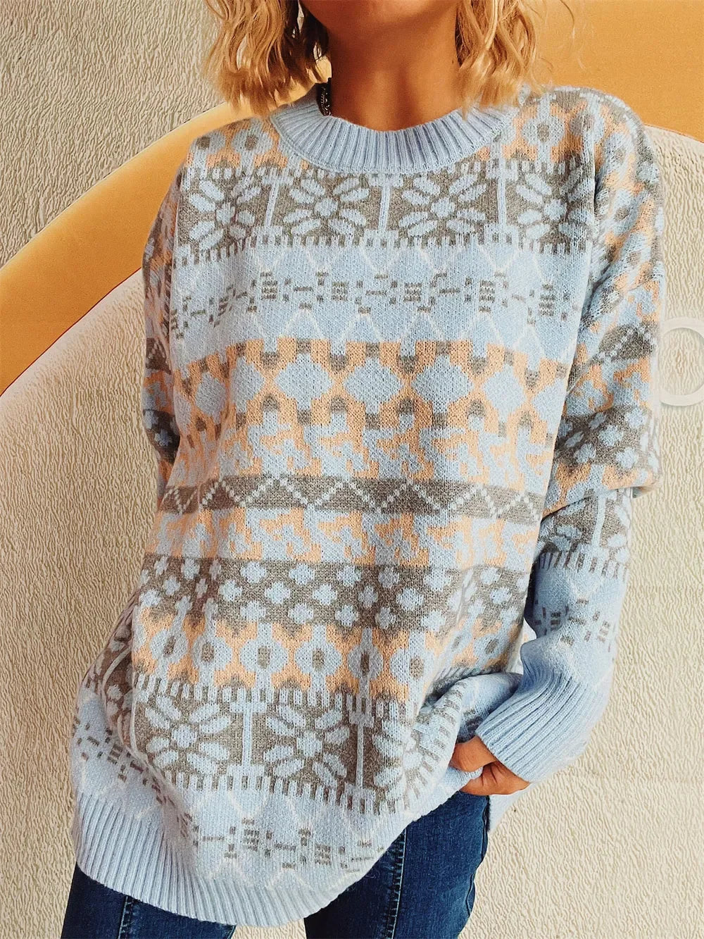 Geometric Pattern Dropped Shoulder Sweater - Southern Shores Clothing