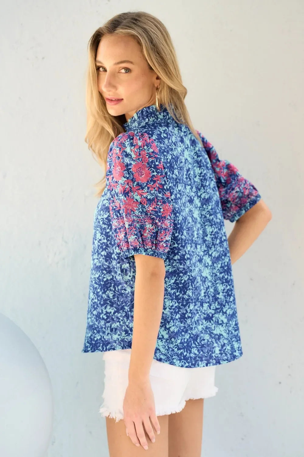 Embroidered Printed Puff Sleeve Blouse With Ruched Detail - Southern Shores Clothing