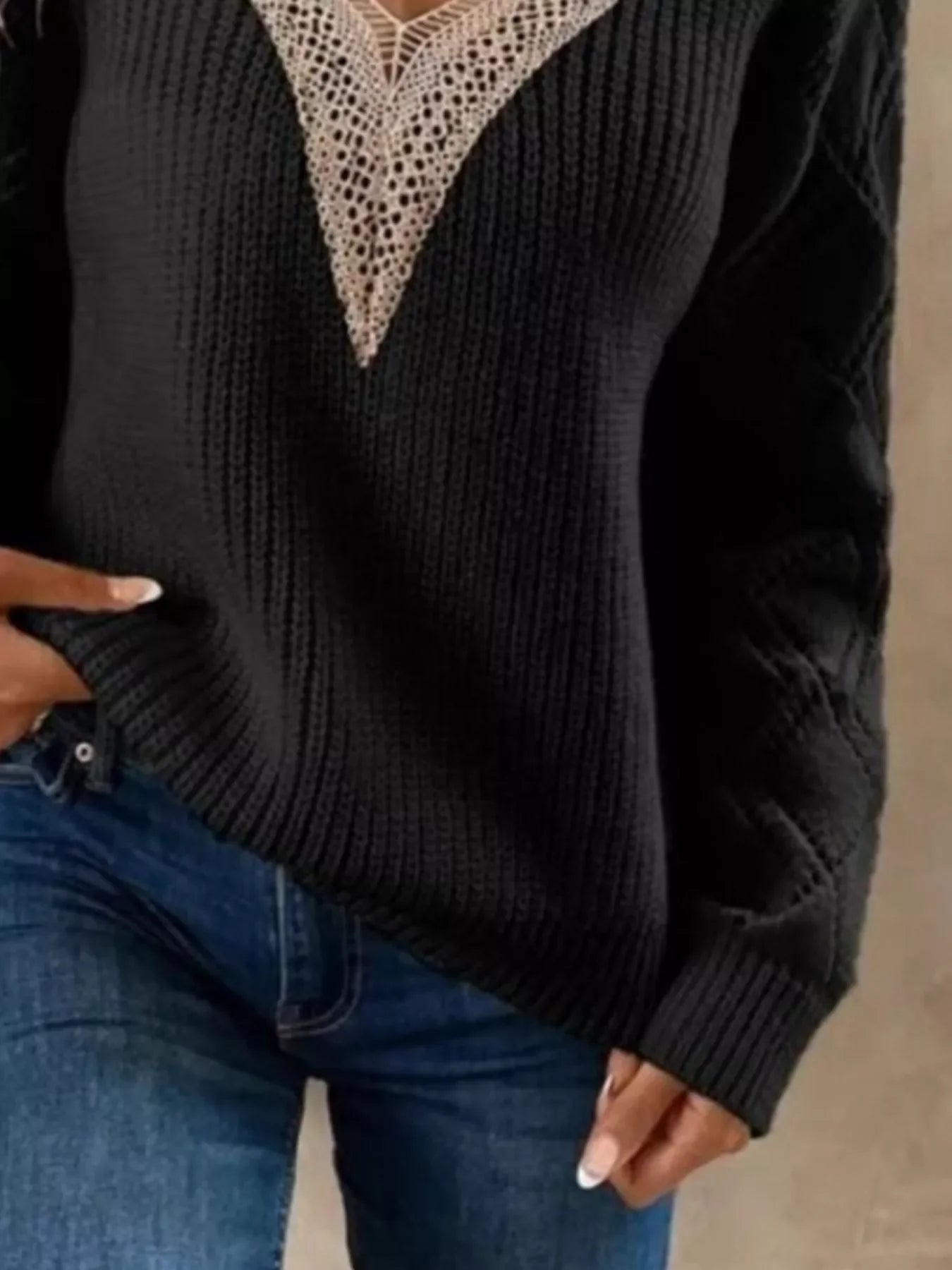 Openwork V-Neck Long Sleeve Sweater With Lace - Southern Shores Clothing
