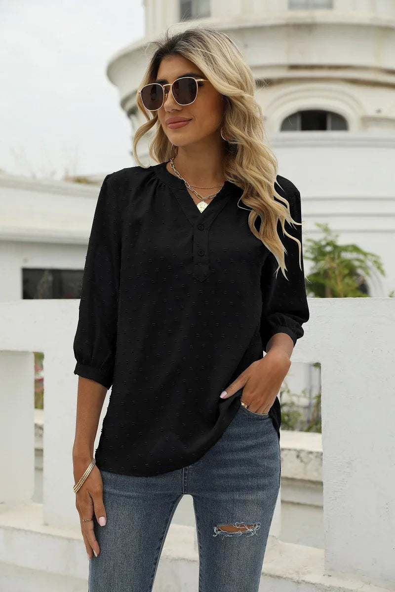Swiss Dot Notched Neck Three-Quarter Sleeve Blouse - Southern Shores Clothing