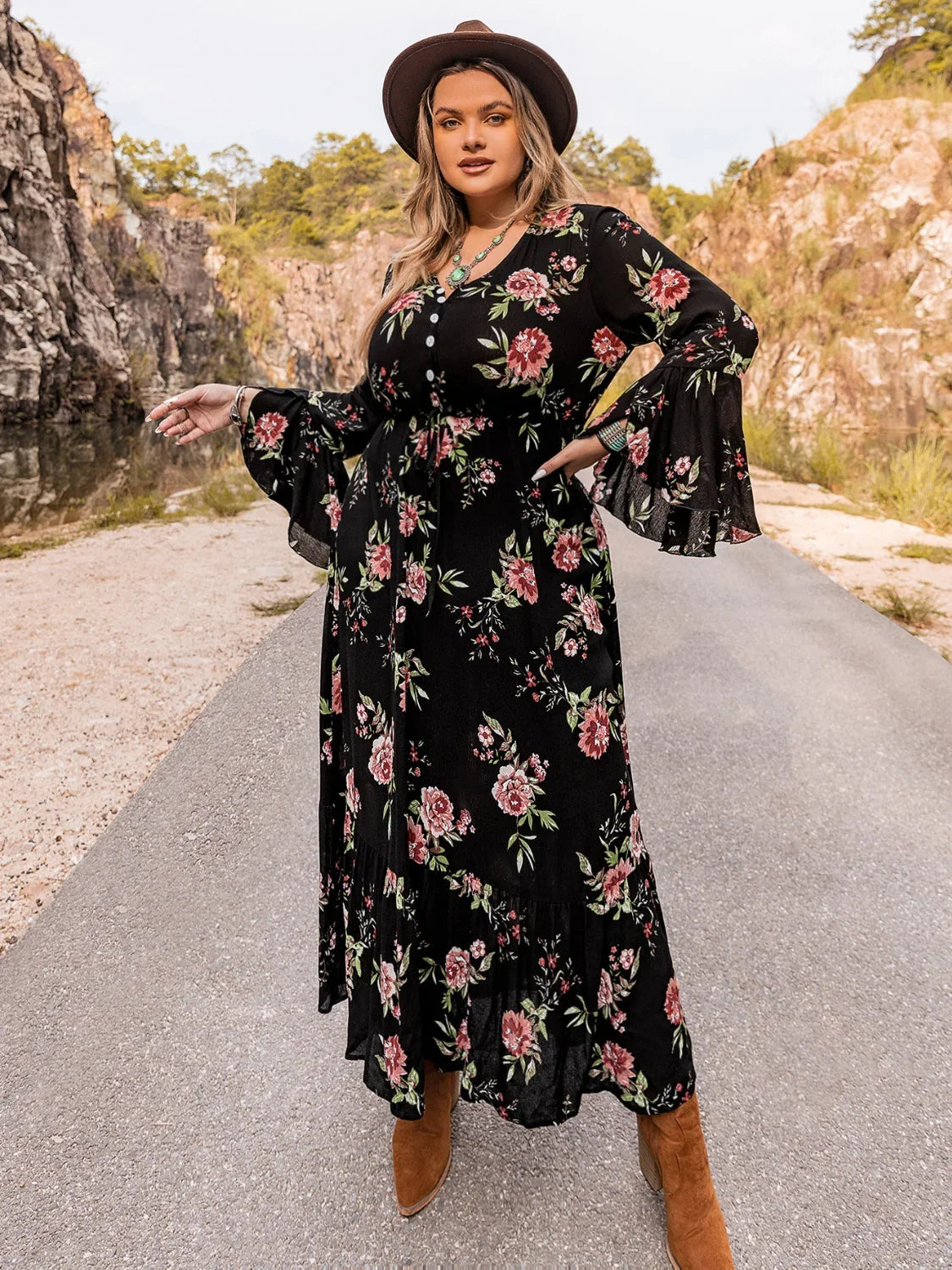 Plus Size Floral Flare Sleeve Dress - Southern Shores Clothing