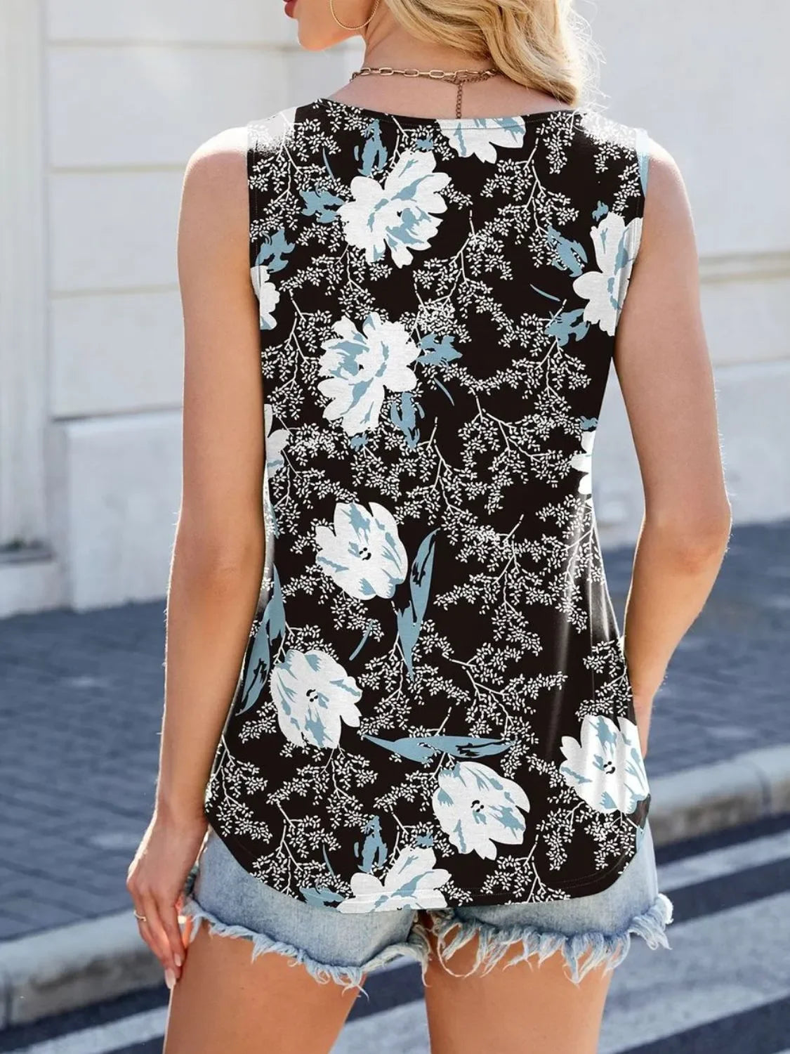 Printed Floral Scoop Neck Wide Strap Tank Top Pleated Details - Southern Shores Clothing