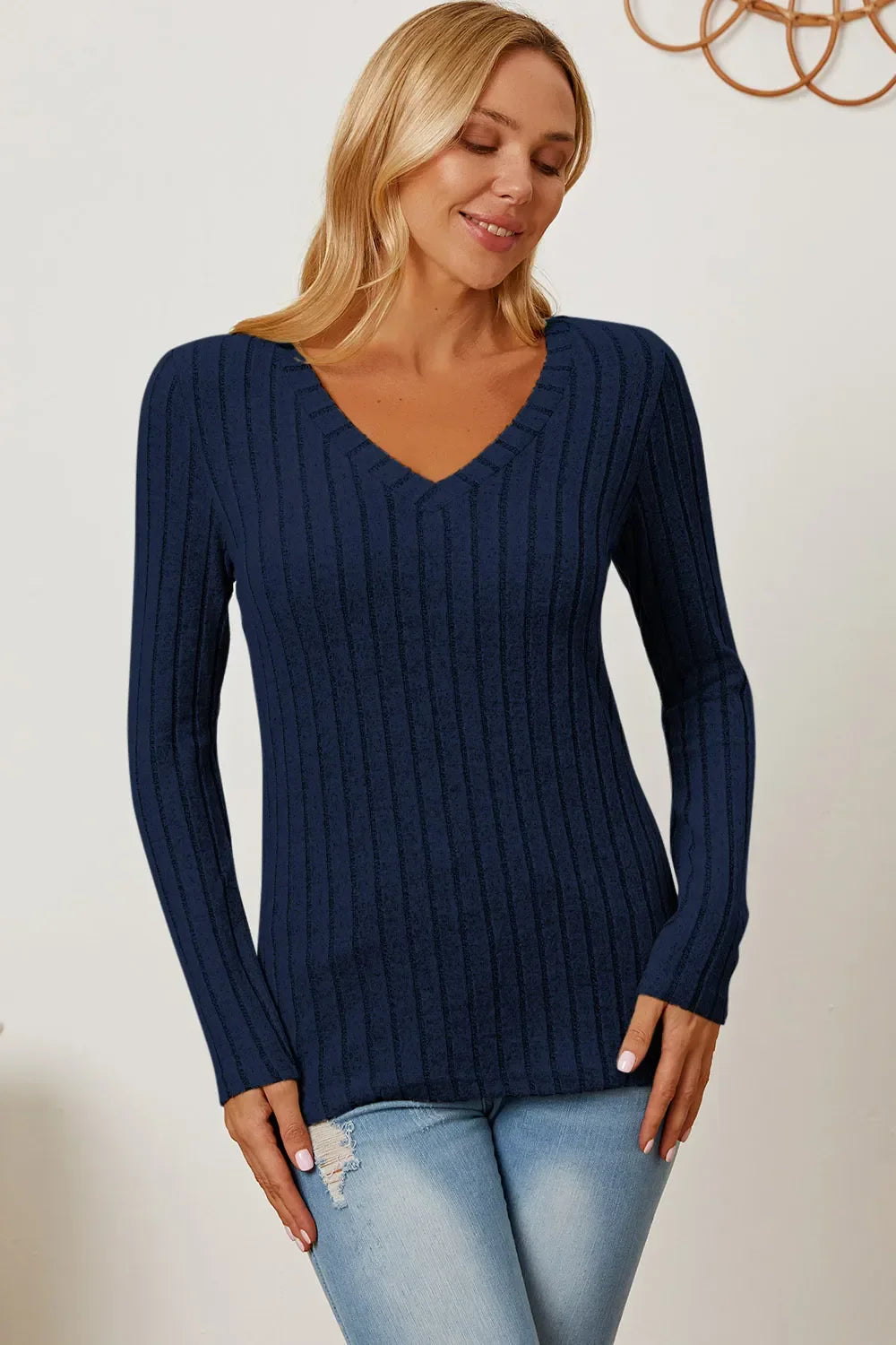 Classic Ribbed V-Neck Long Sleeve Knit Tee Top - Southern Shores Clothing