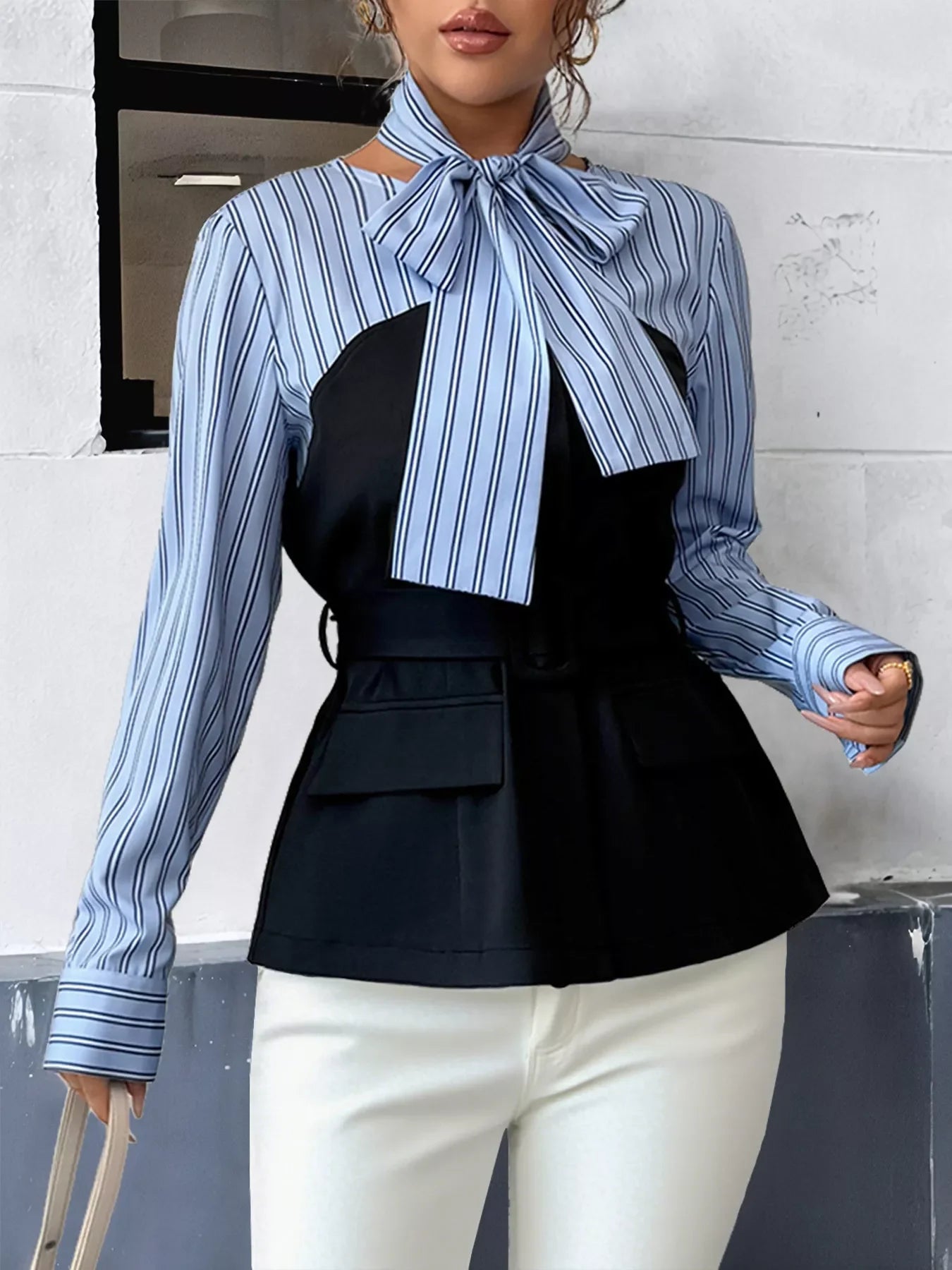 Striped Long Sleeve Buttoned Blouse With Bow Tie - Southern Shores Clothing