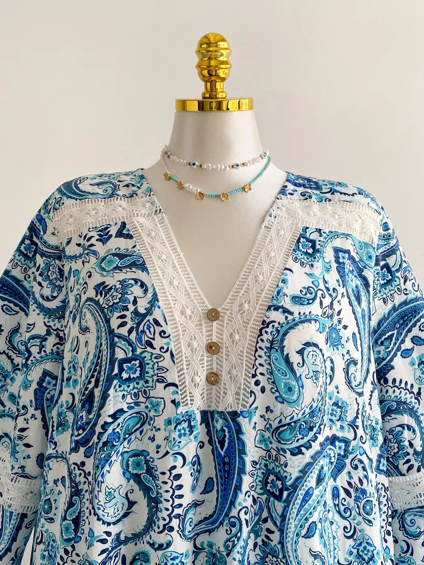 Bohemian Paisley Print V-Neck Dress With Lace And Button - Southern Shores Clothing