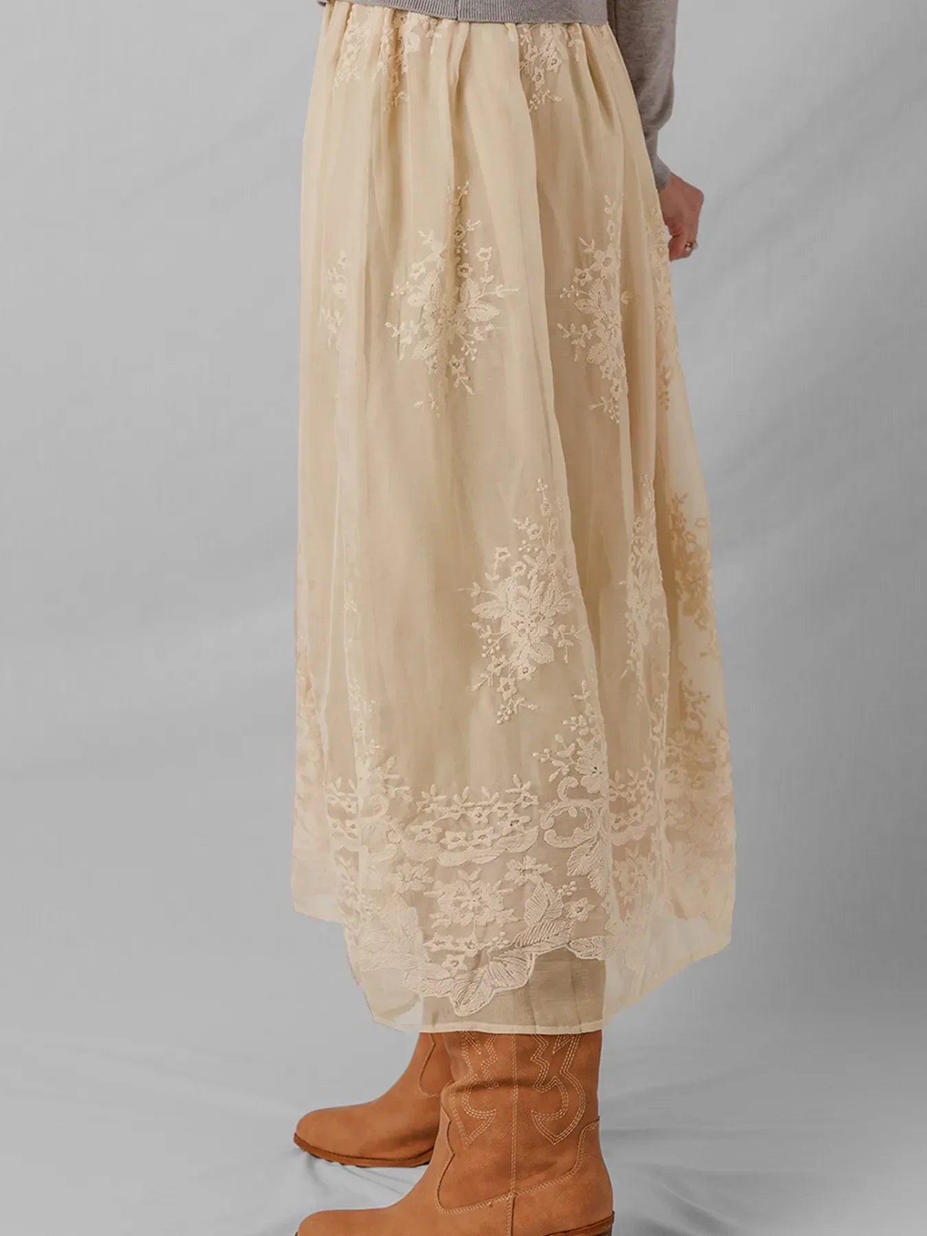 Flowing Embroidered Mesh Overlay Midi Skirt - Southern Shores Clothing