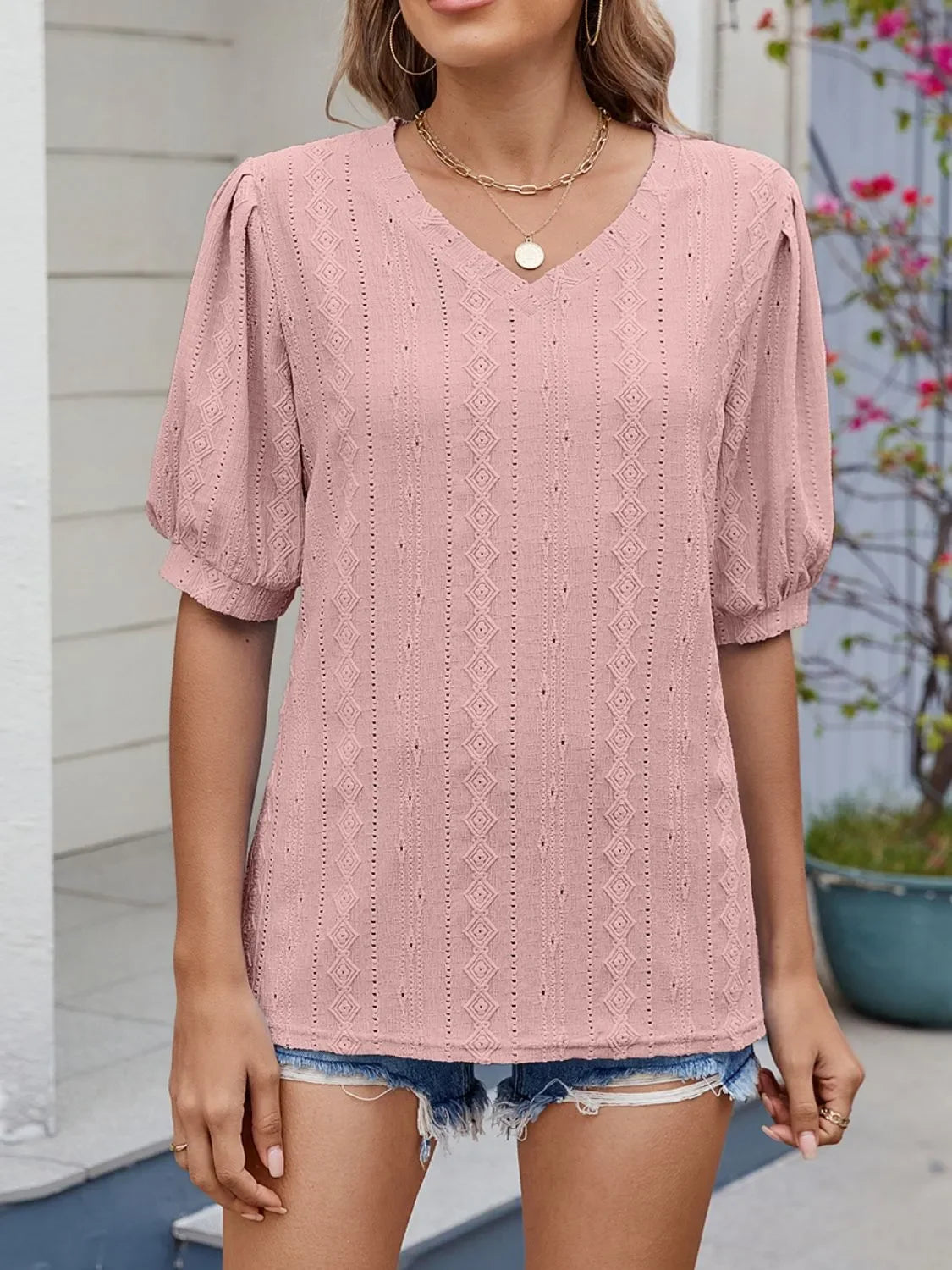 Puff Sleeve V-Neck Eyelet Lace Stretch T Shirt - Southern Shores Clothing
