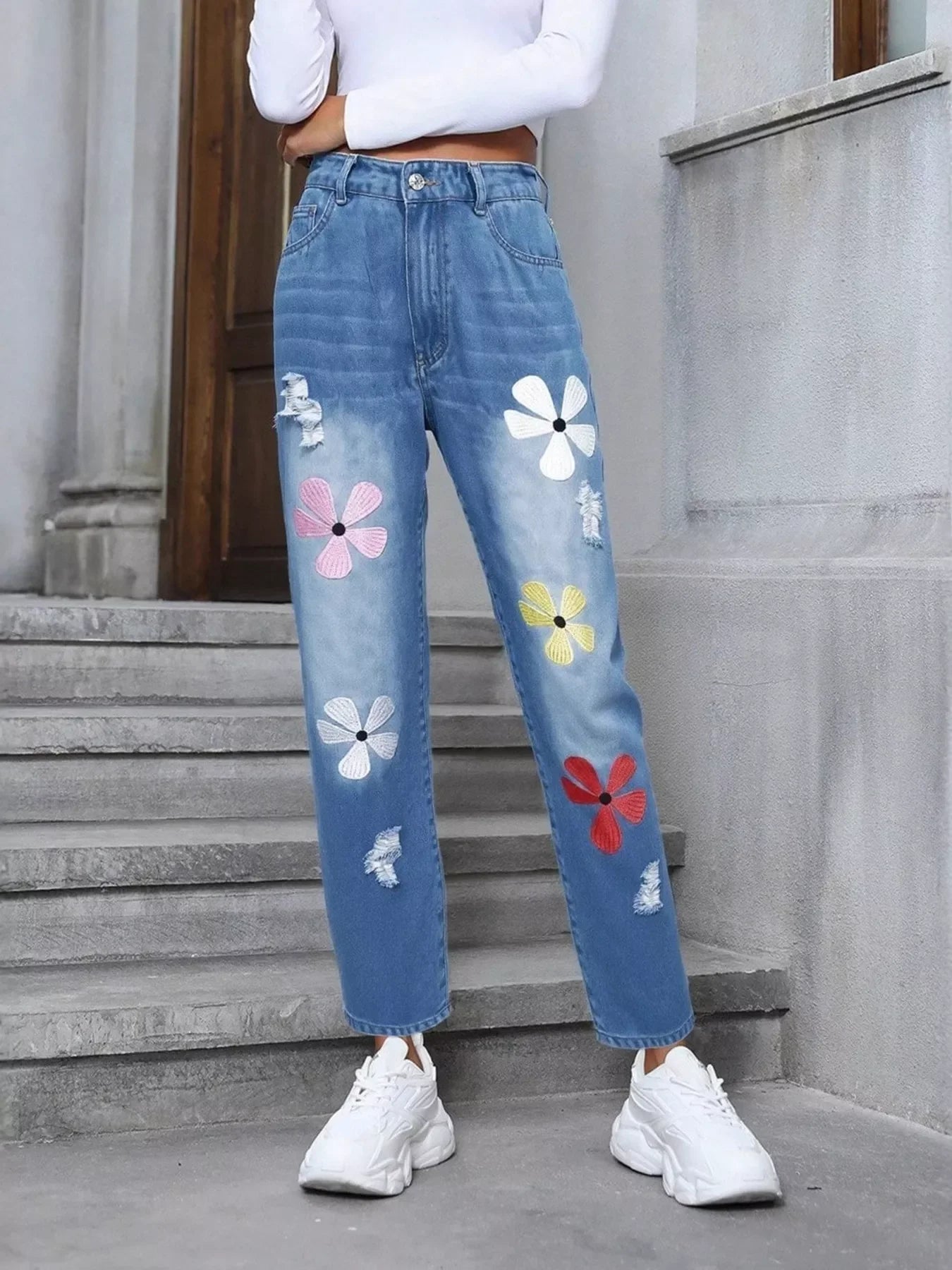 Coastal Floral Embroidered High Waist Distressed Jeans - Southern Shores Clothing