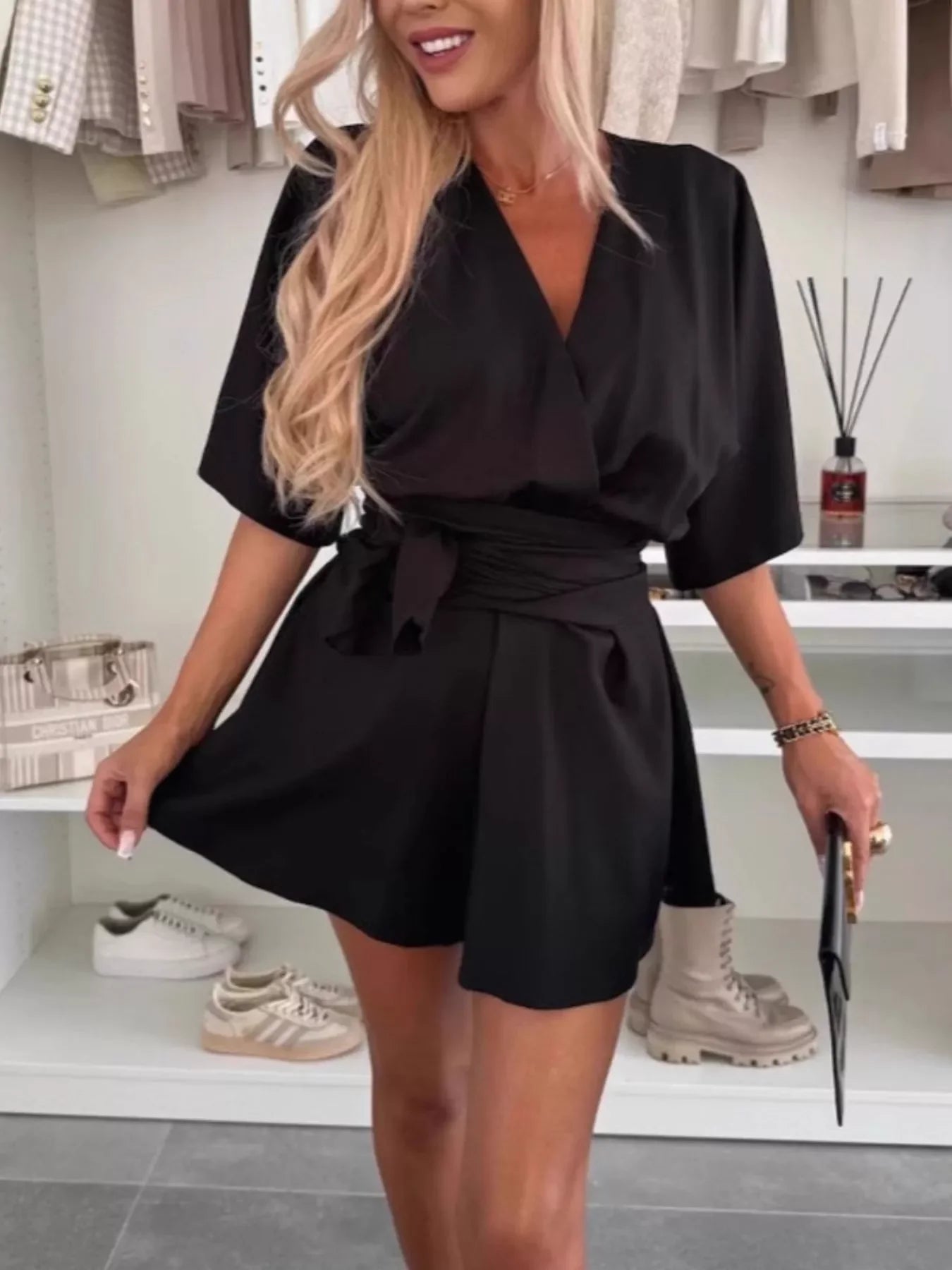 Belted Surplice Tie Waist Stretch Knit Romper - Southern Shores Clothing