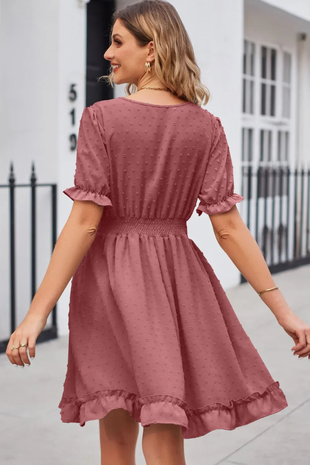 Swiss Dot Frill Trim Flounce Sleeve V Neck Dress - Southern Shores Clothing