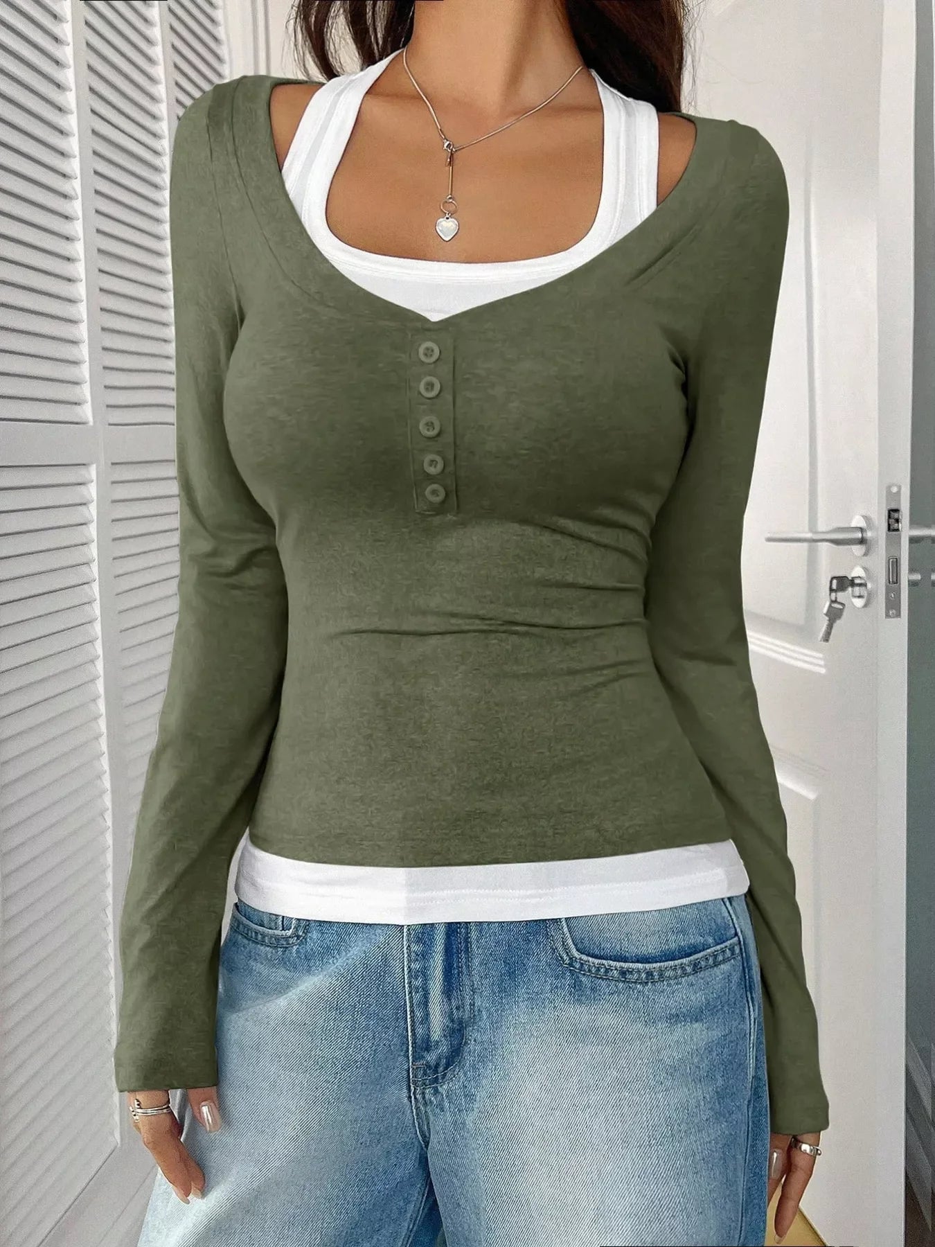 Scoop Neck Long Sleeve Fake Two-Piece T-Shirt - Southern Shores Clothing