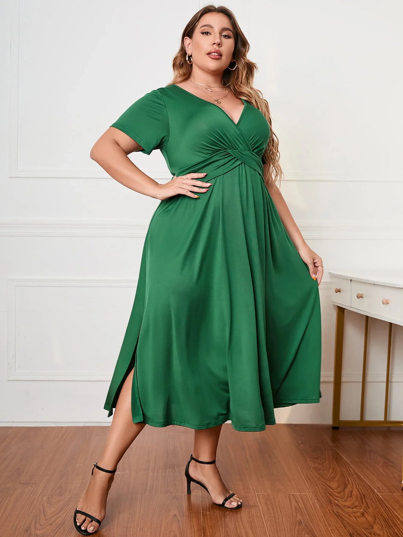 Plus Size Short Sleeve Surplice Neck Midi Dress - Southern Shores Clothing