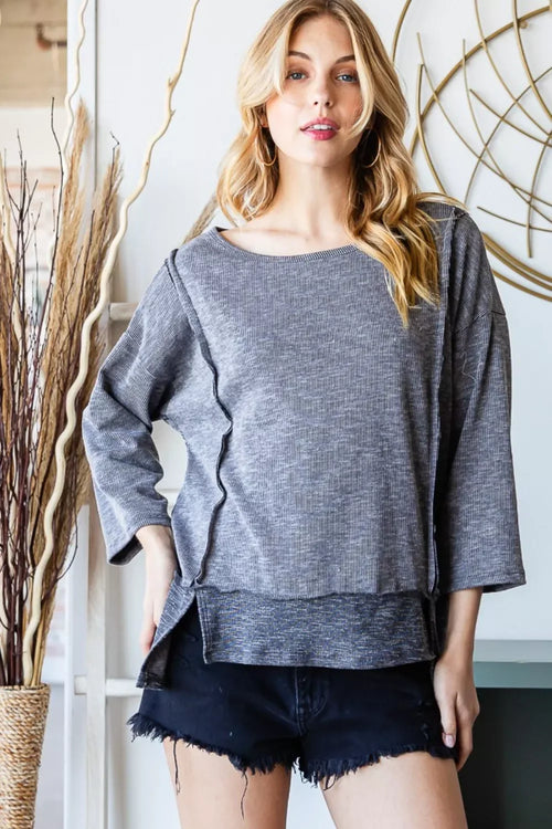 Relaxed Fit Boat Neck Exposed Seam Slit Top Three Quarter Sleeve - Southern Shores Clothing