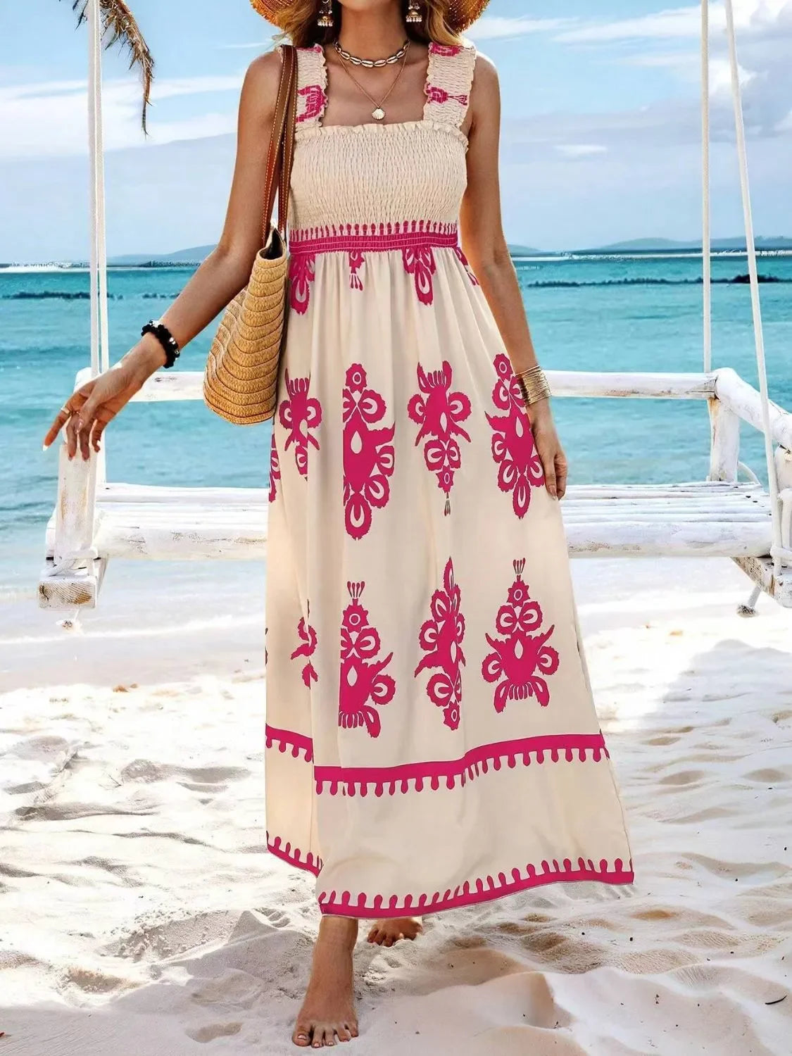 Smocked Printed Maxi Dress With Wide Straps Boho Style Details - Southern Shores Clothing