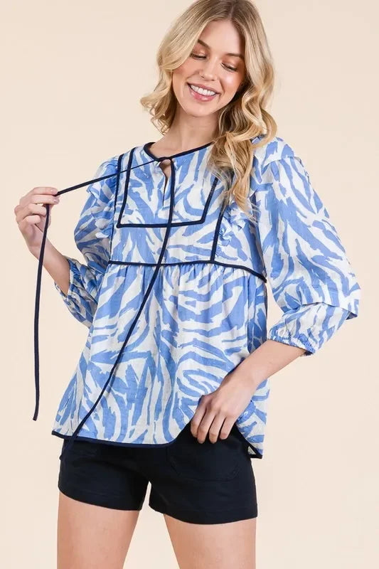 Graphic Print Quarter Sleeve Blouse With Solid Trim - Southern Shores Clothing