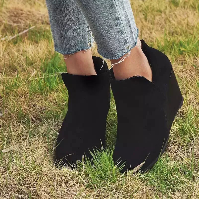 Suede Wedge Boots With Side Zipper Closure