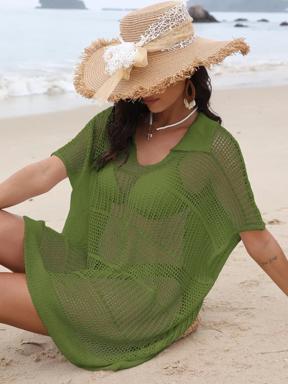 One Size Sheer Hollow Out Collared Neck Cover Up - Southern Shores Clothing