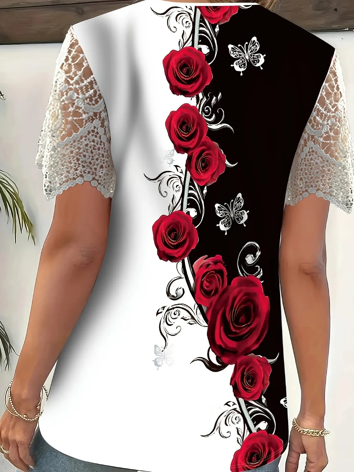 Full Size Printed Lace Sleeve V-Neck T-Shirt Plus Size - Southern Shores Clothing