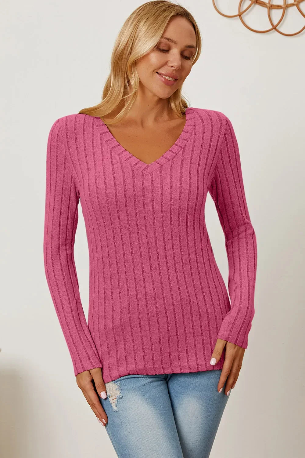 Classic Ribbed V-Neck Long Sleeve Knit Tee Top - Southern Shores Clothing