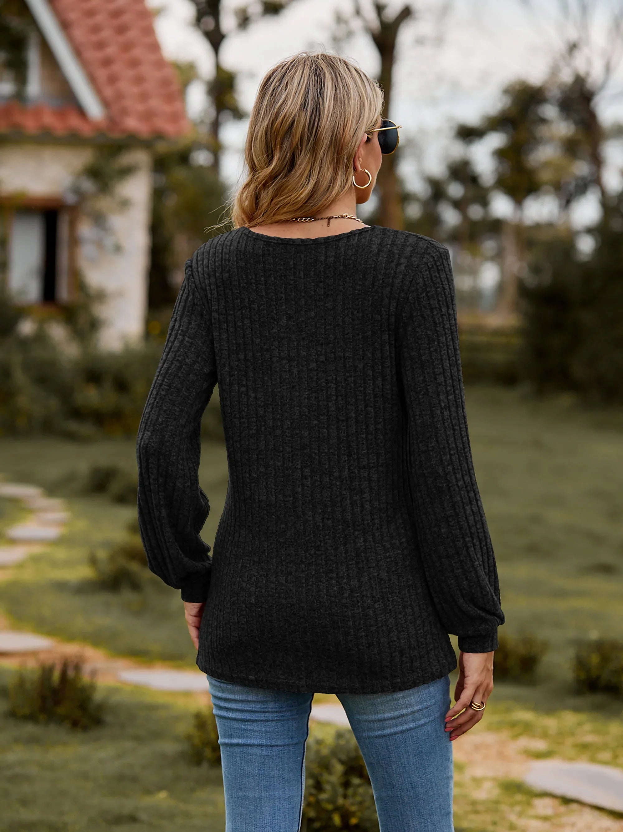 Stretchy Heathered Round Neck Button-Down Long Sleeve Tee - Southern Shores Clothing