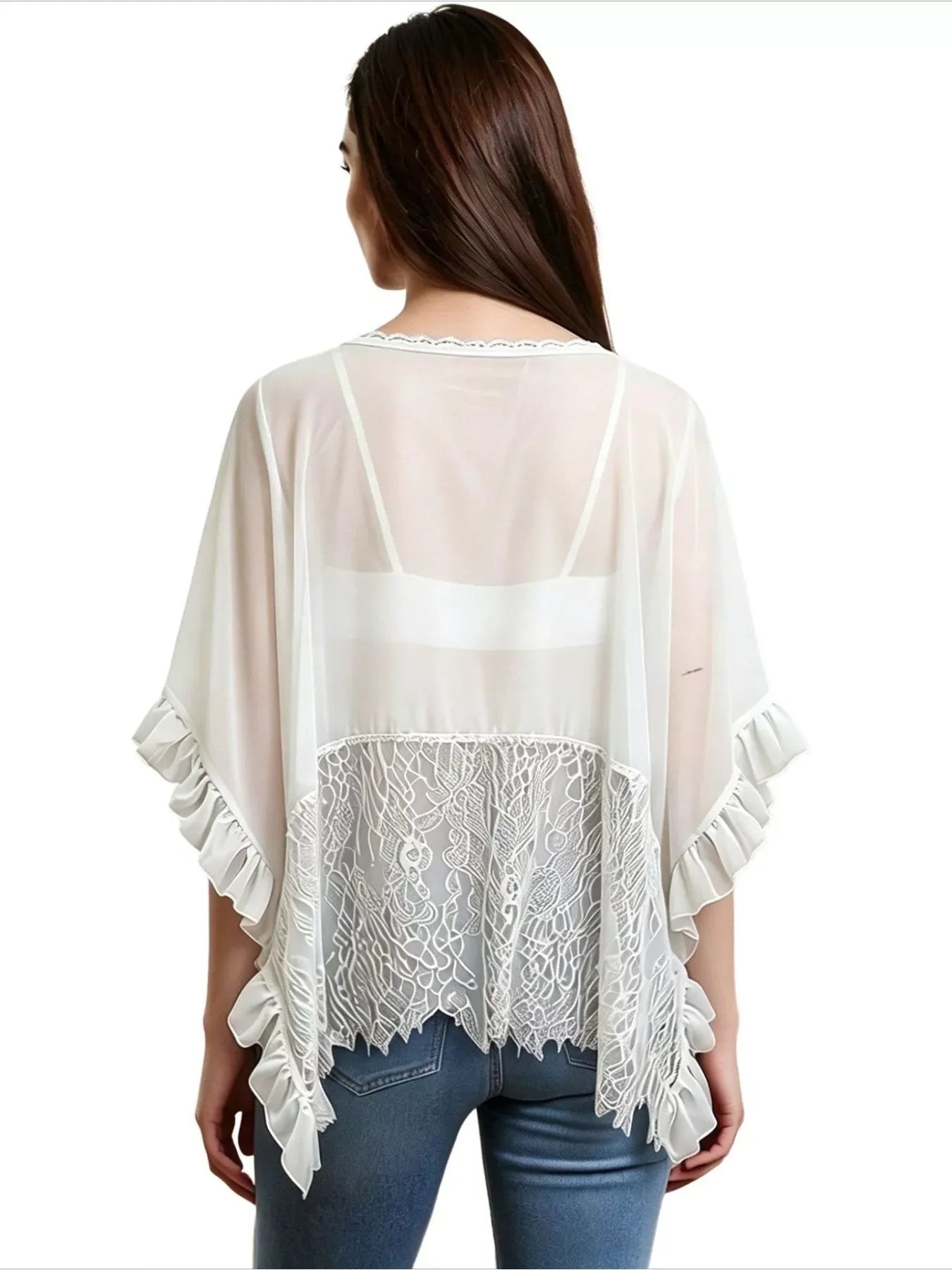 Lace Trim Sheer Flowy Cover Up With V Neck And Ruffle Details - Southern Shores Clothing