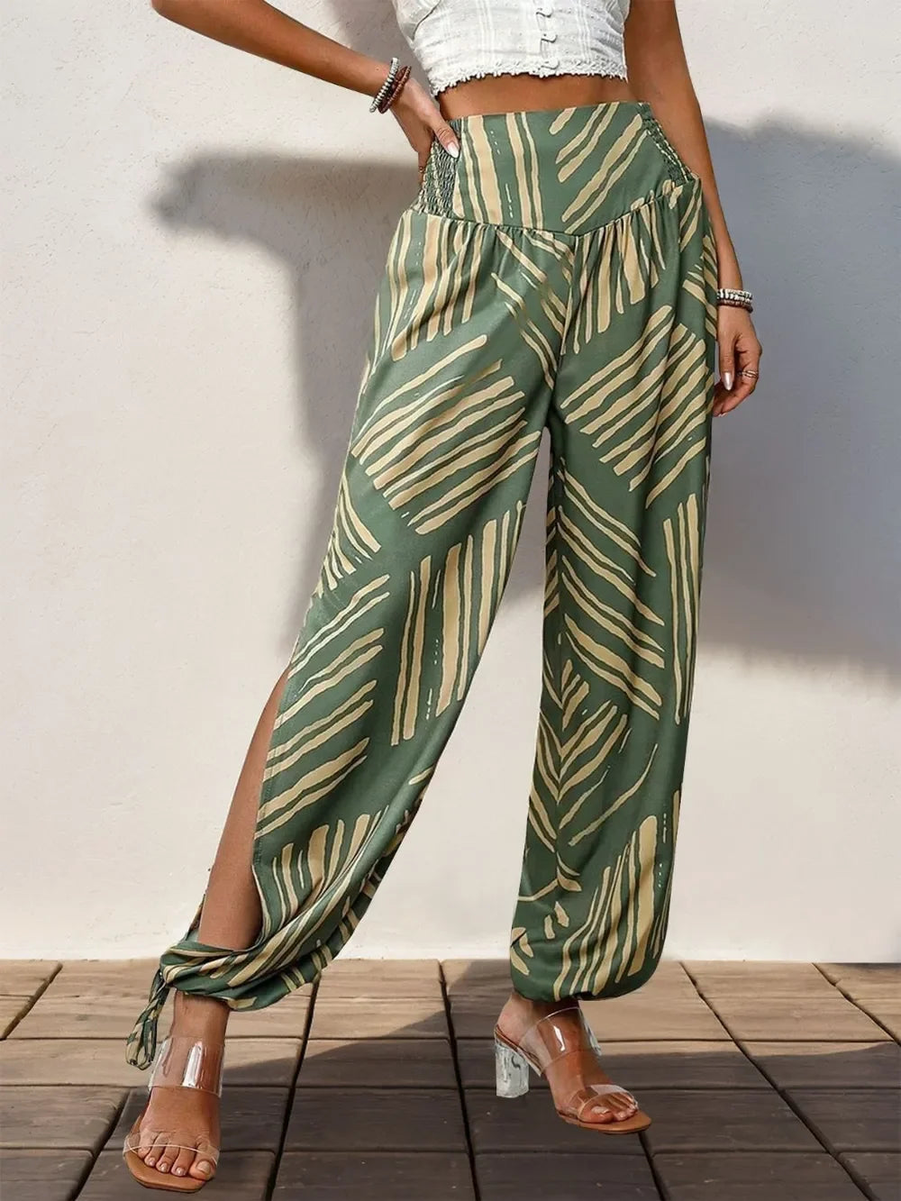 Smocked Slit Printed High Waist Wide Leg Boho Pants Relaxed - Southern Shores Clothing
