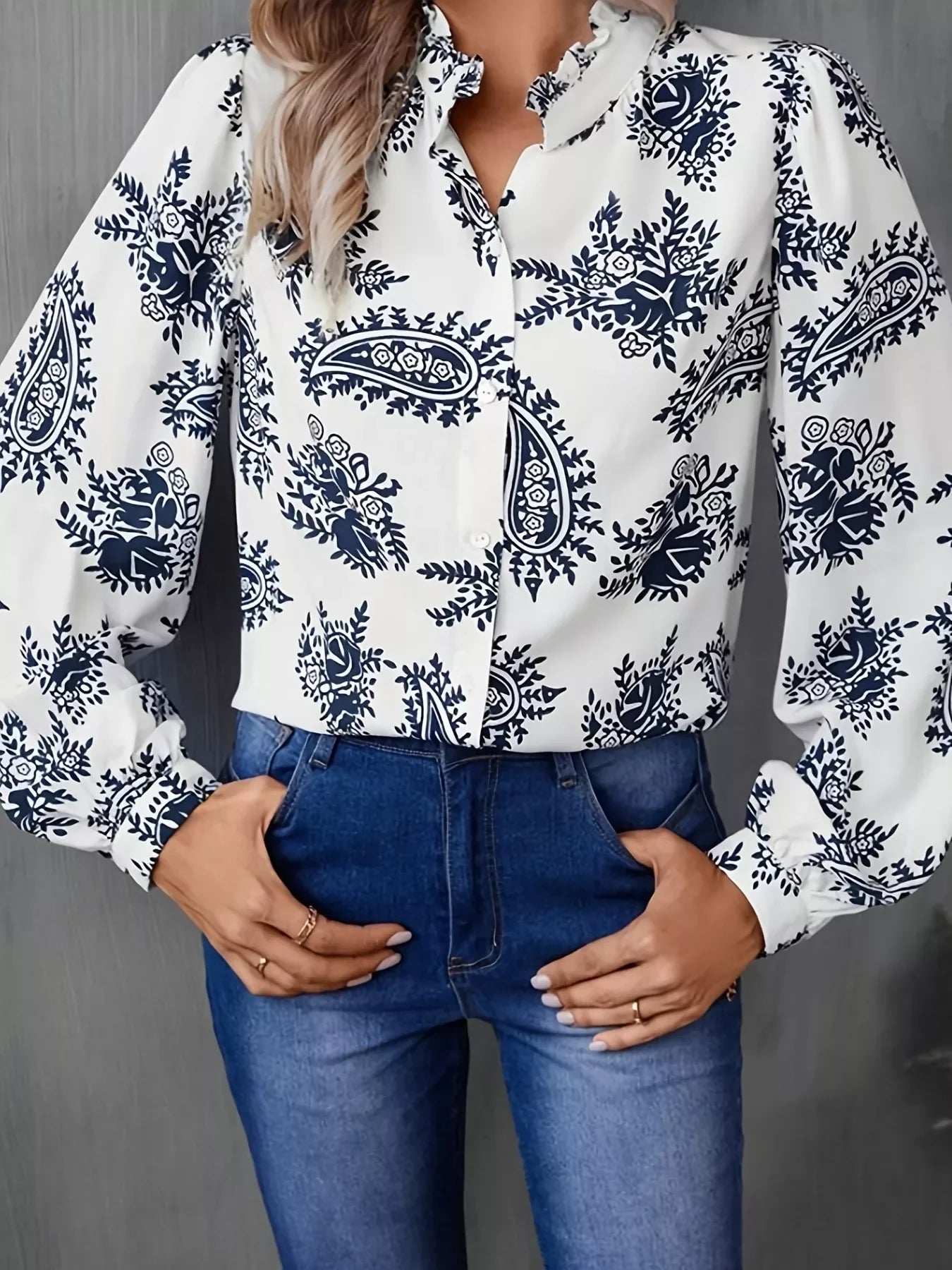 Paisley Print Button Up Shirt With Frill Collar Long Sleeves - Southern Shores Clothing